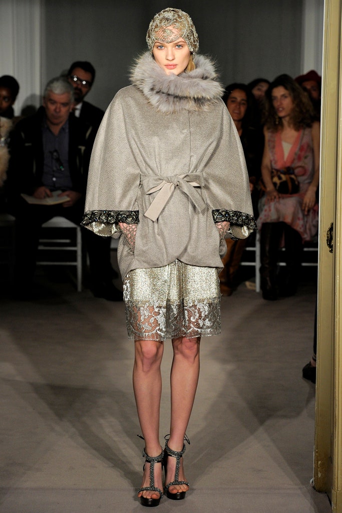 gray silk belted coat with lace shorts