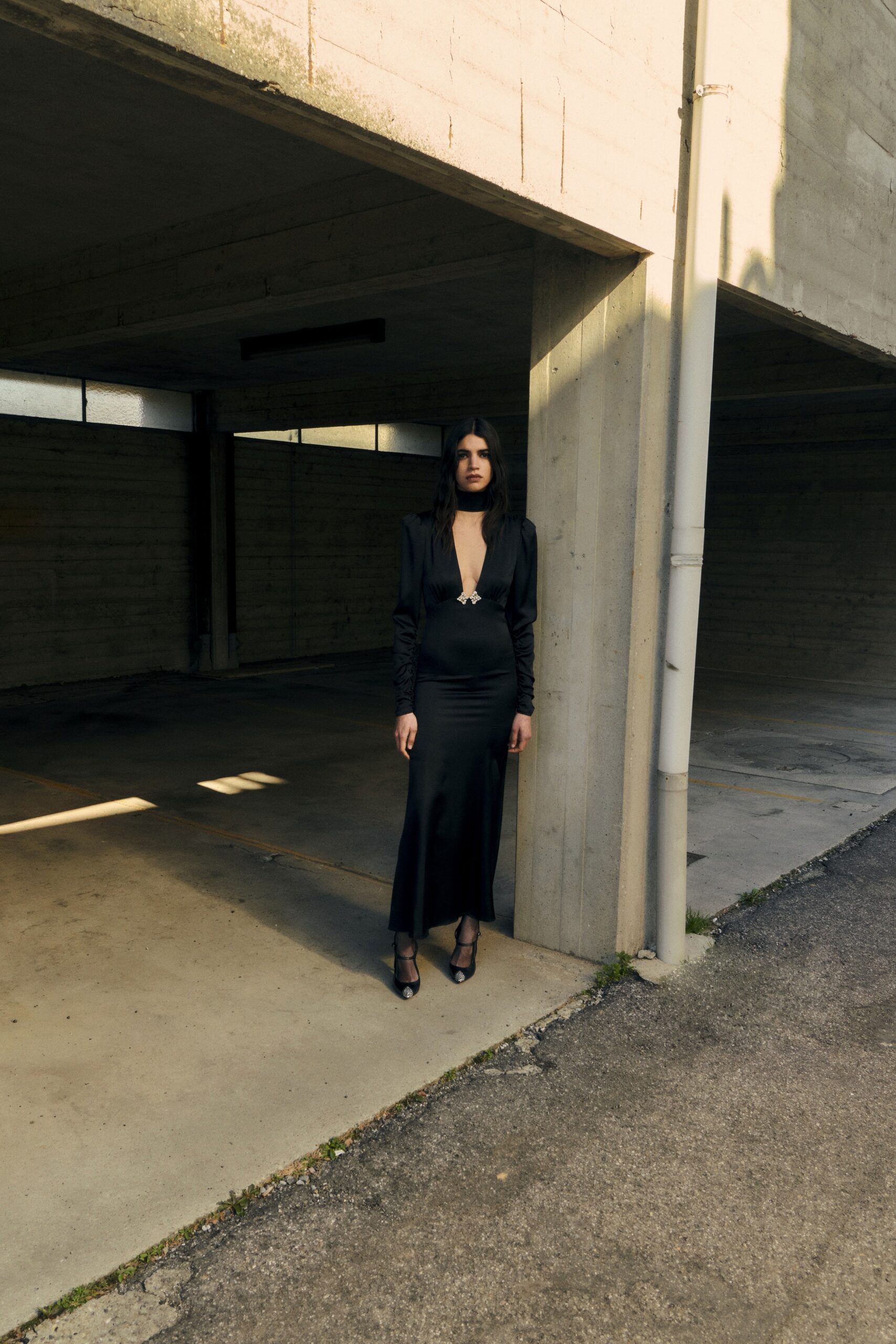 black silk fitted midi dress