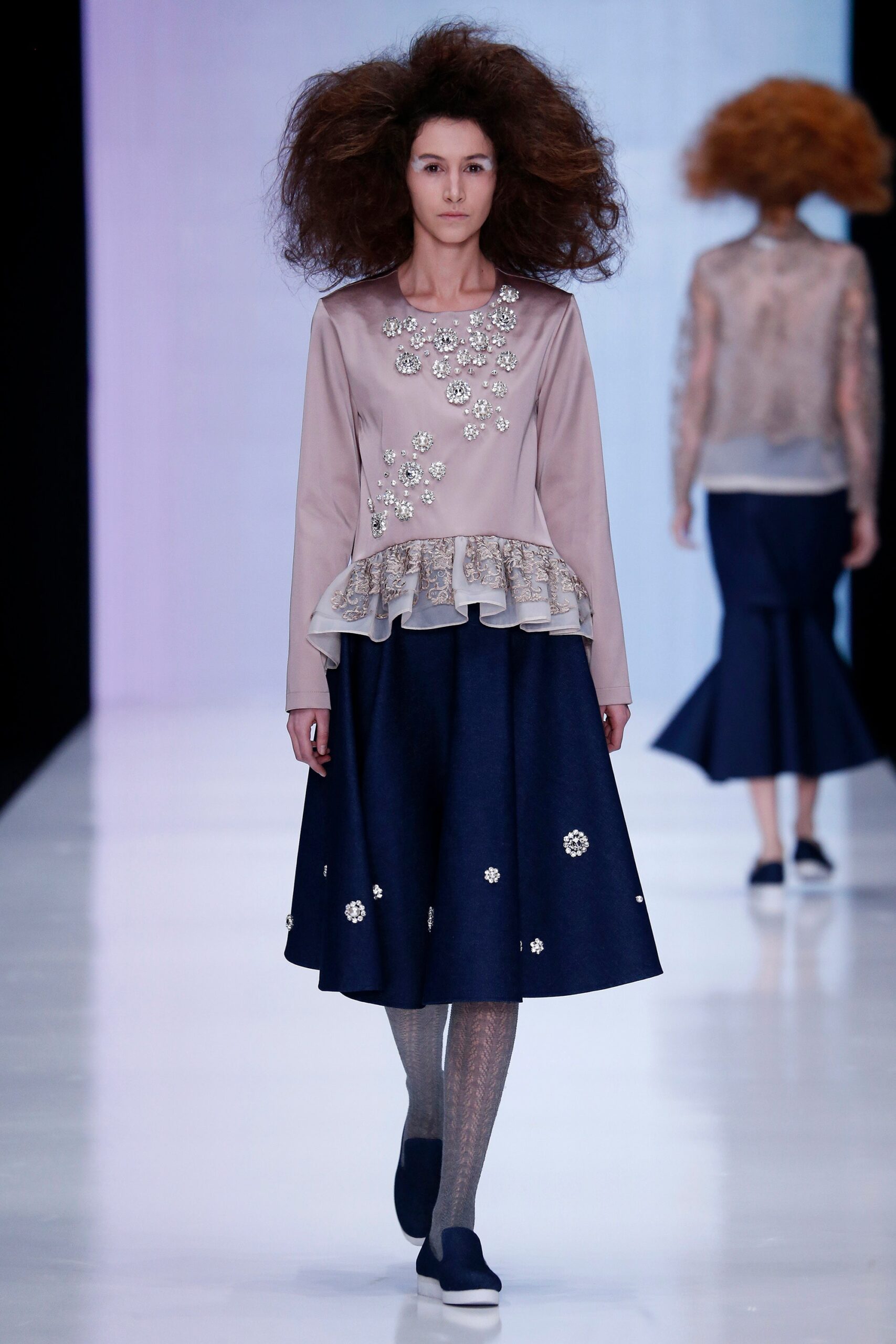 beige silk long-sleeve collared fitted embroidered ruffled blouse