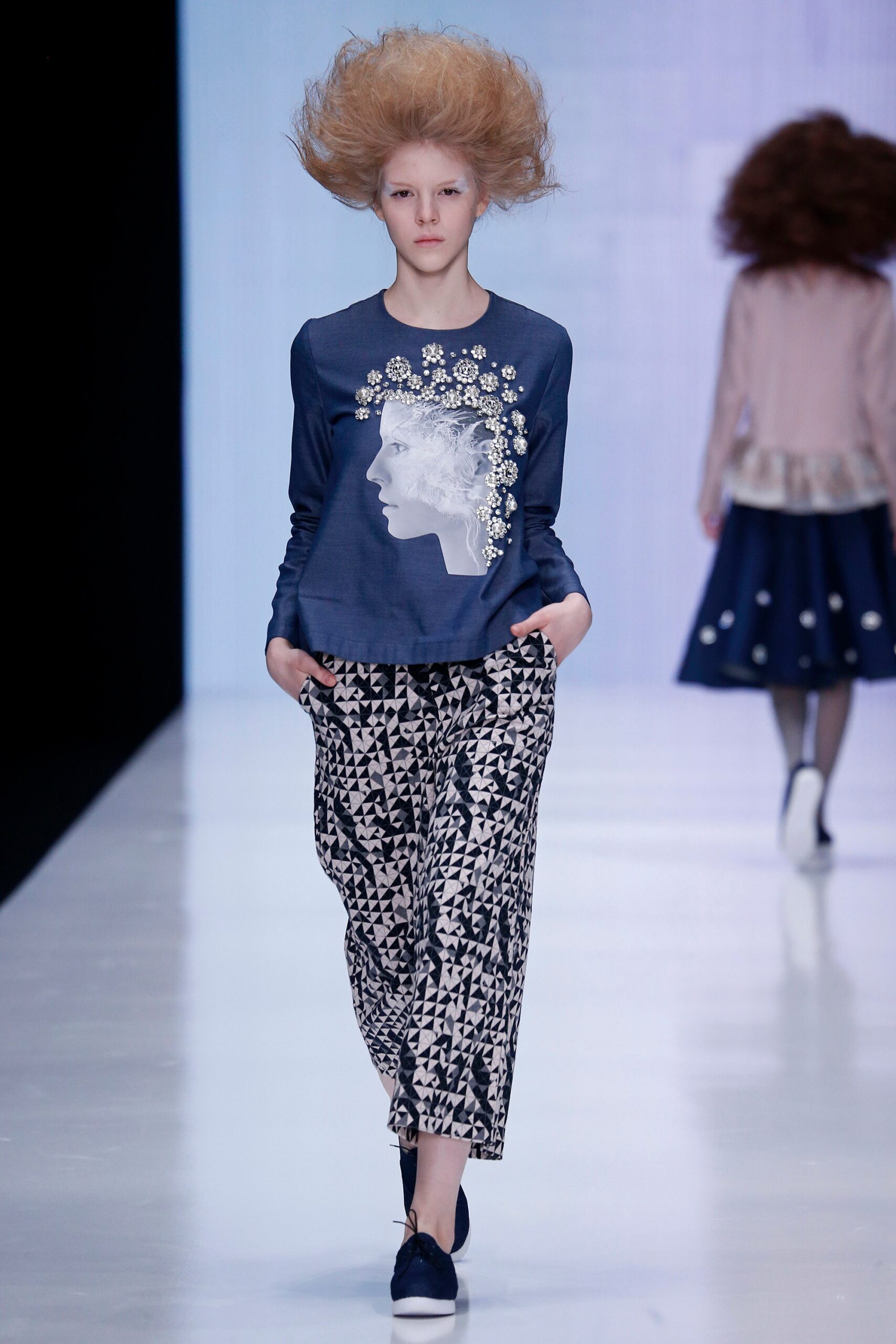 blue printed top with relaxed pants