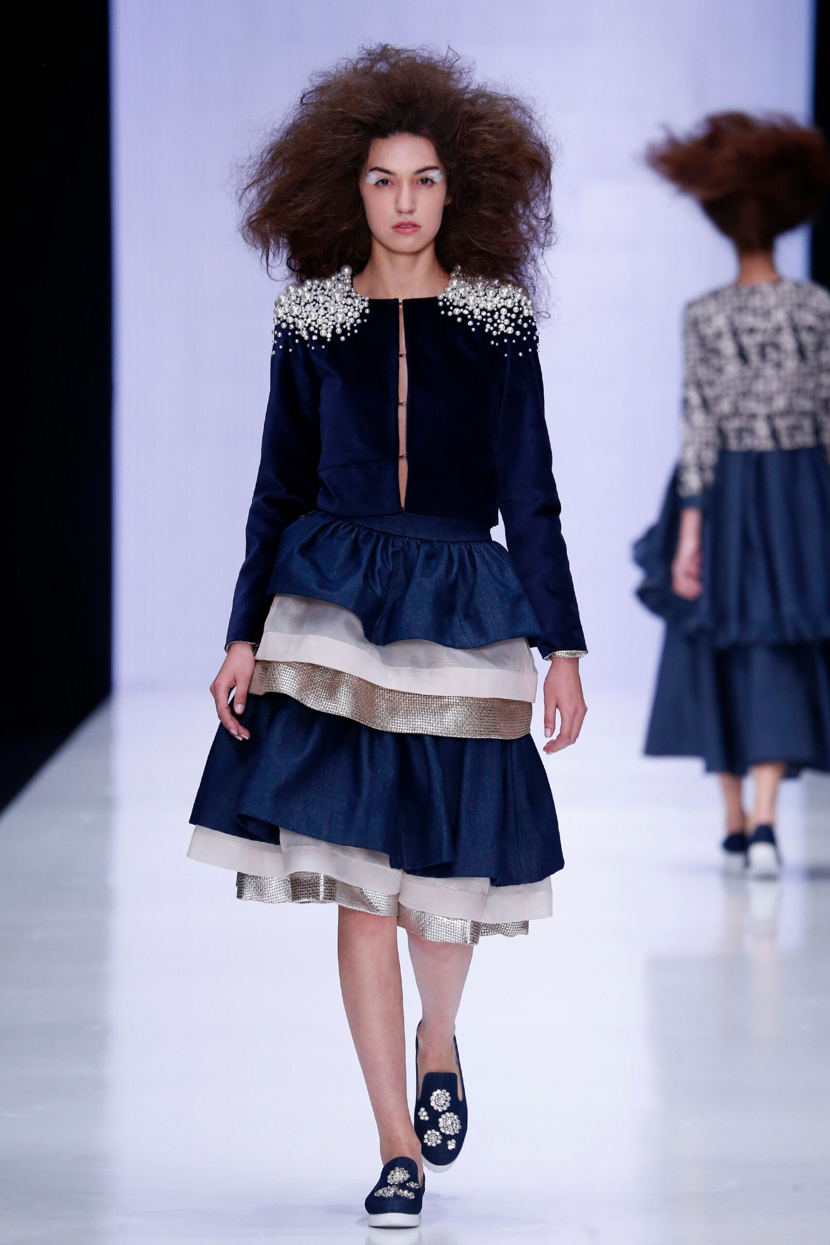 blue silk long-sleeve collared fitted buttoned embellished blouse