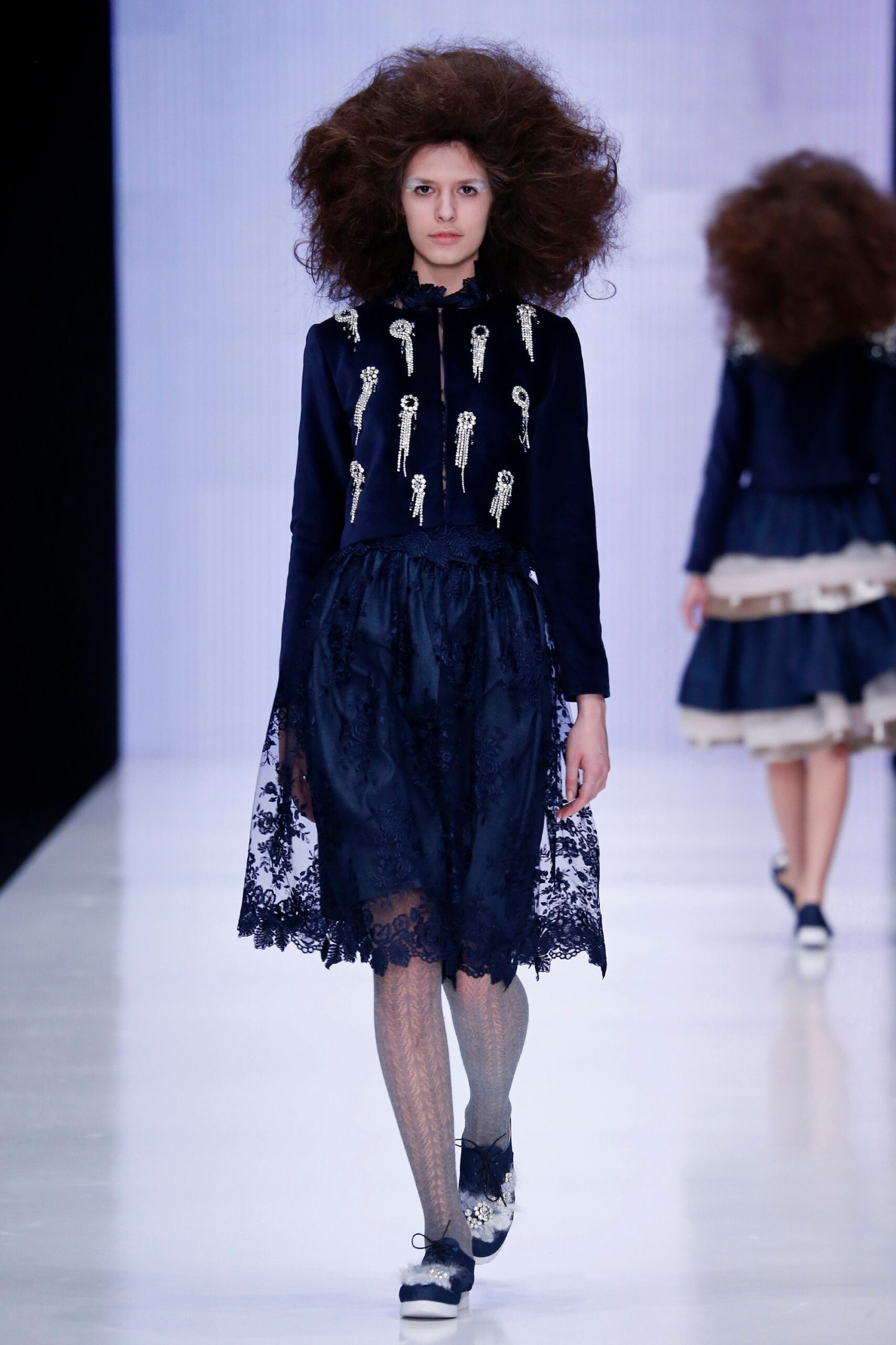 blue silk long-sleeve collared fitted embroidered layered dress