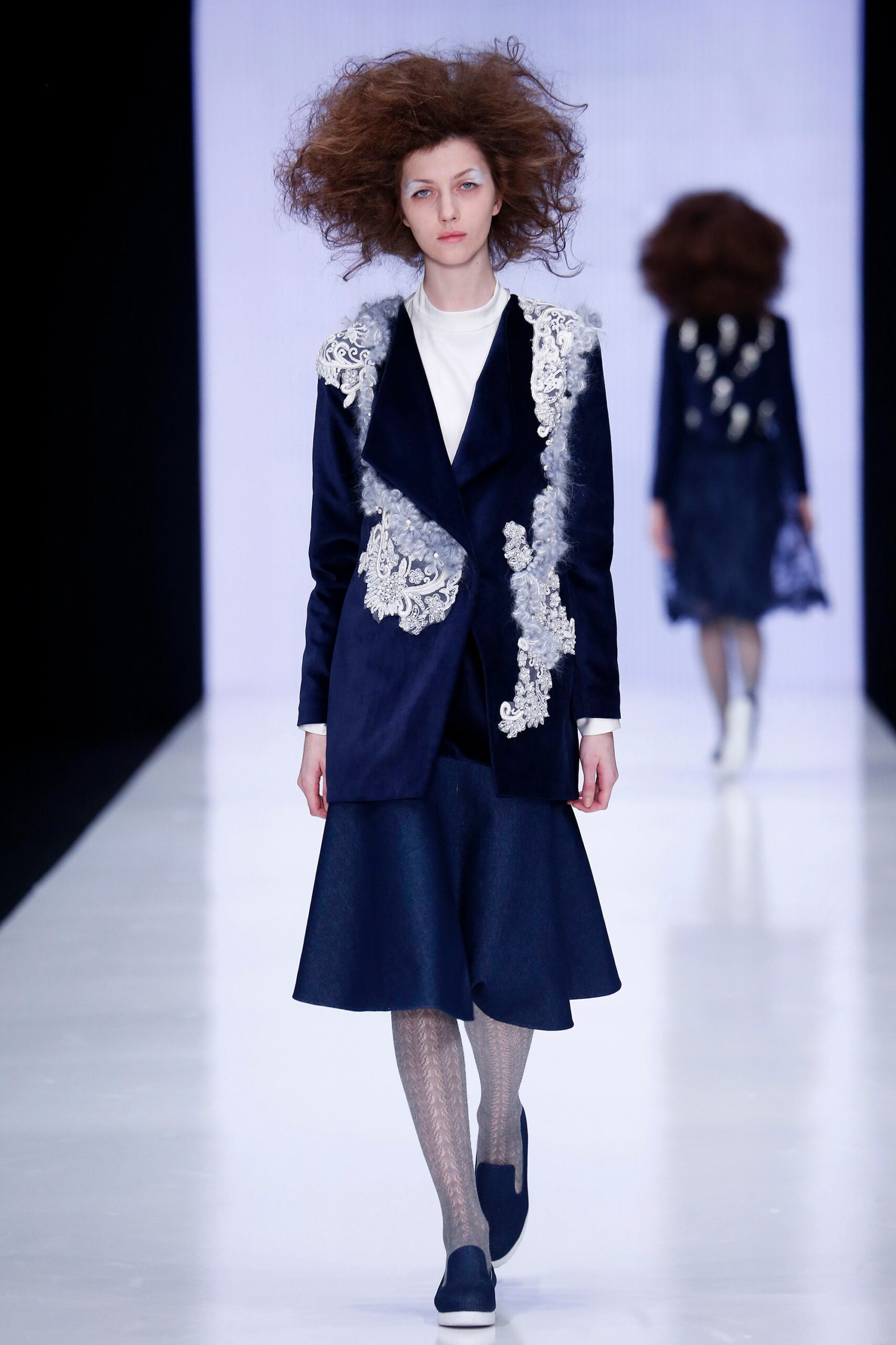 blue silk tailored blazer and a-line skirt