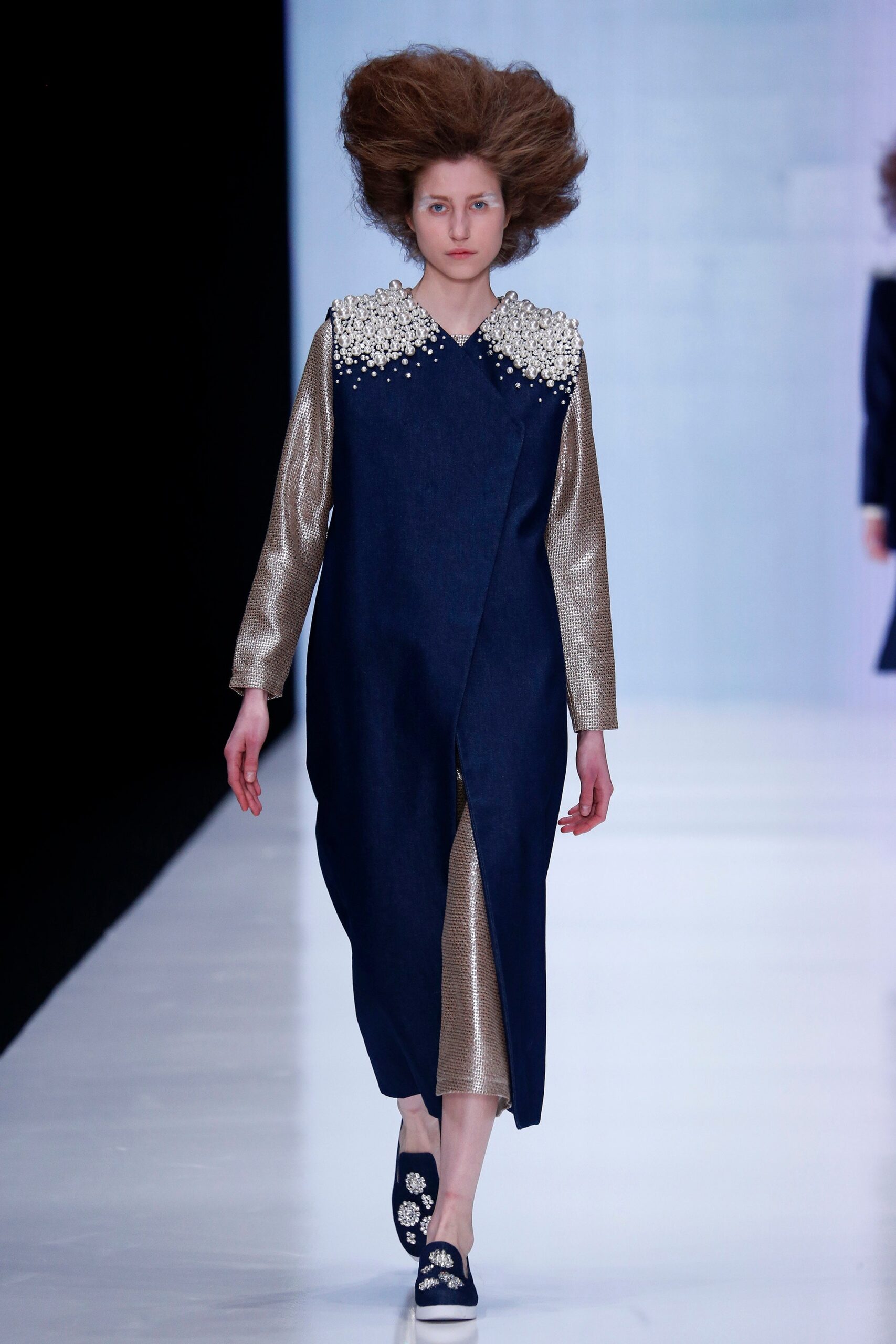 blue denim gold metallic dress