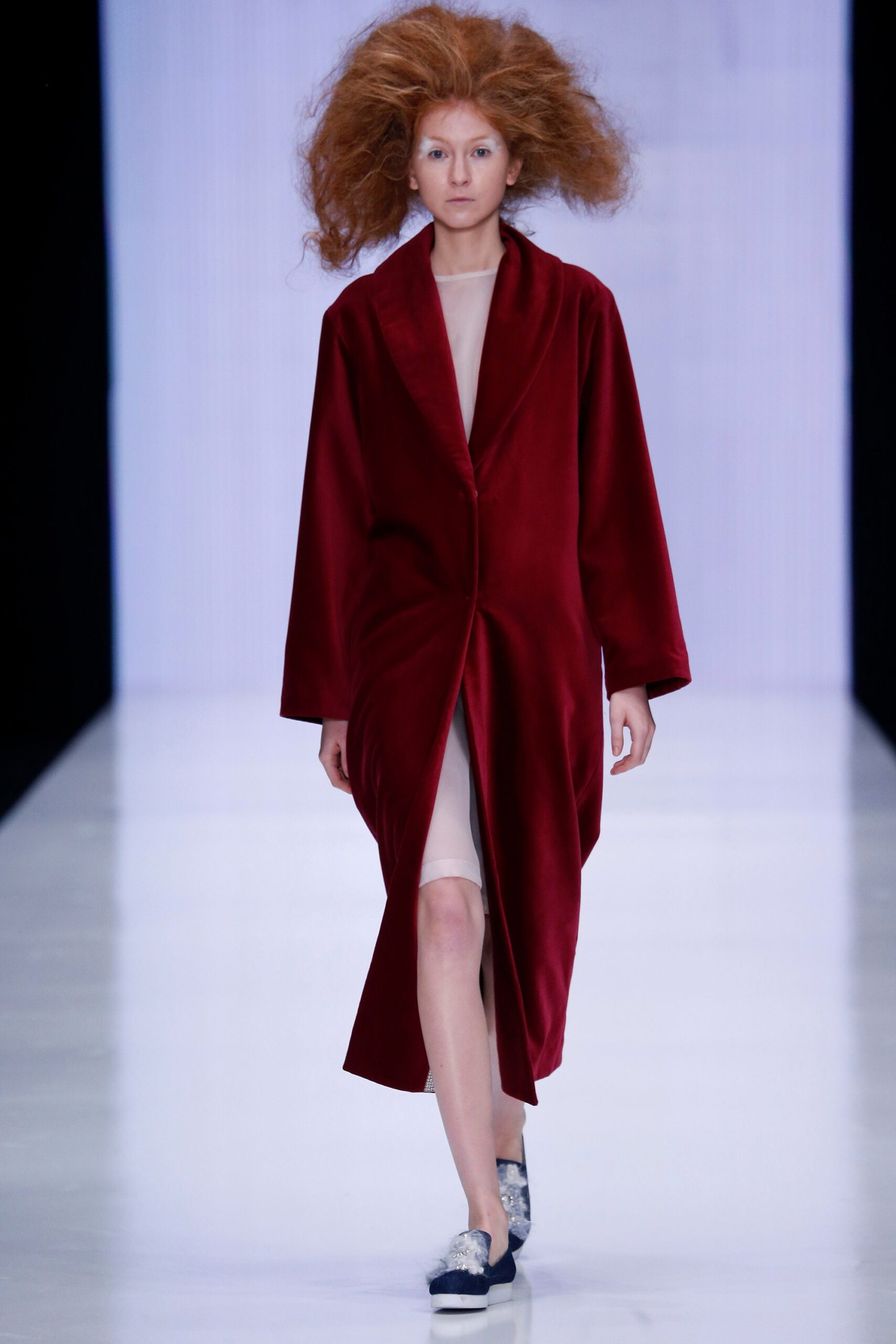 red velvet coat with beige dress