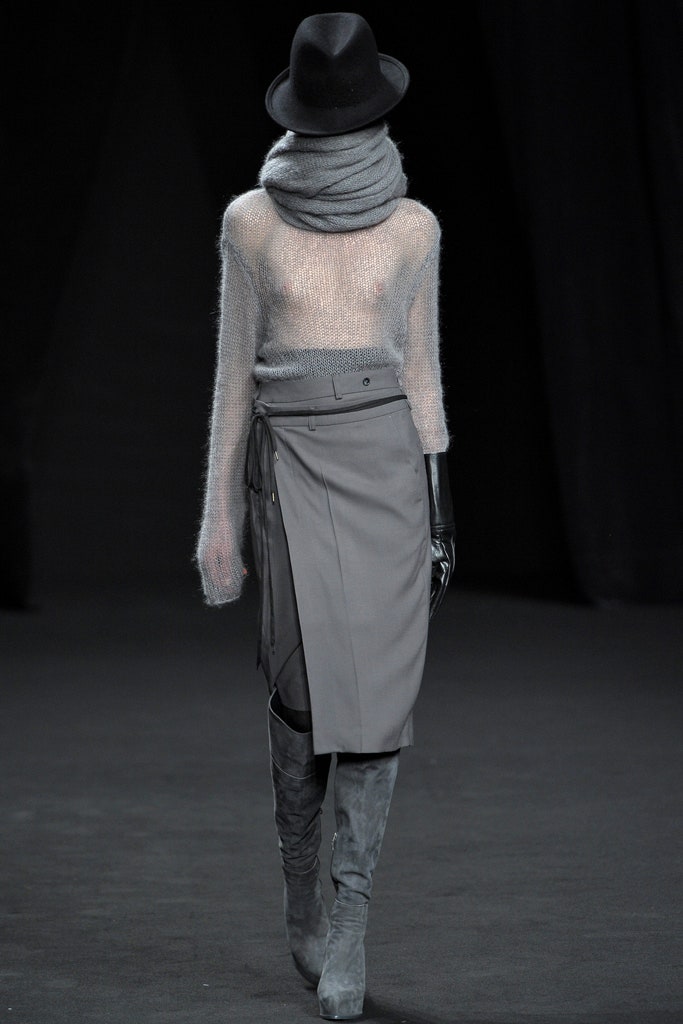 gray fitted top and skirt ensemble