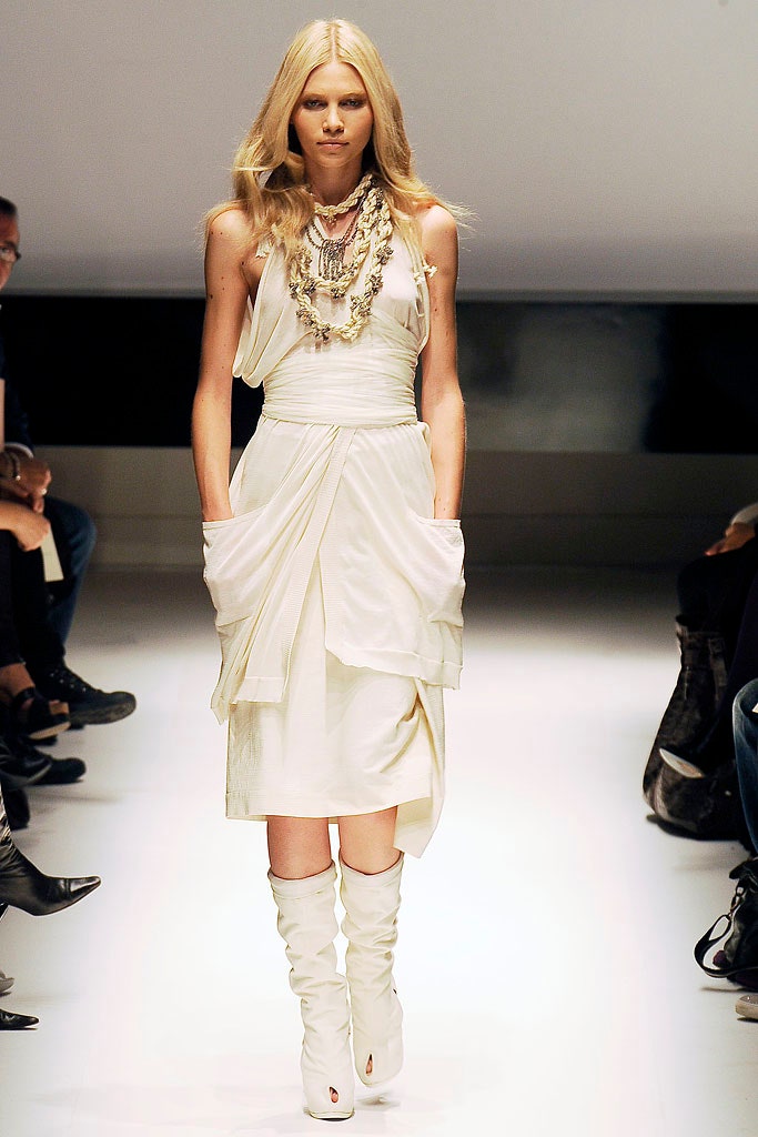white silk draped midi dress with boots