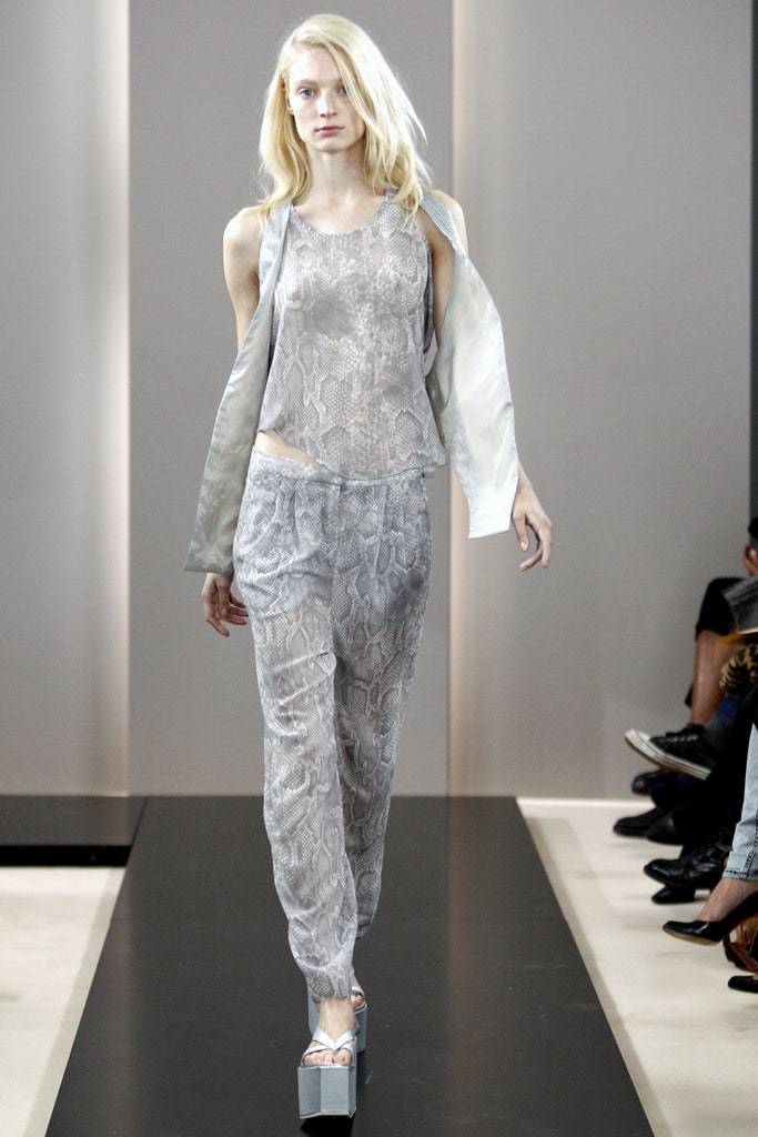 gray silk top and pants