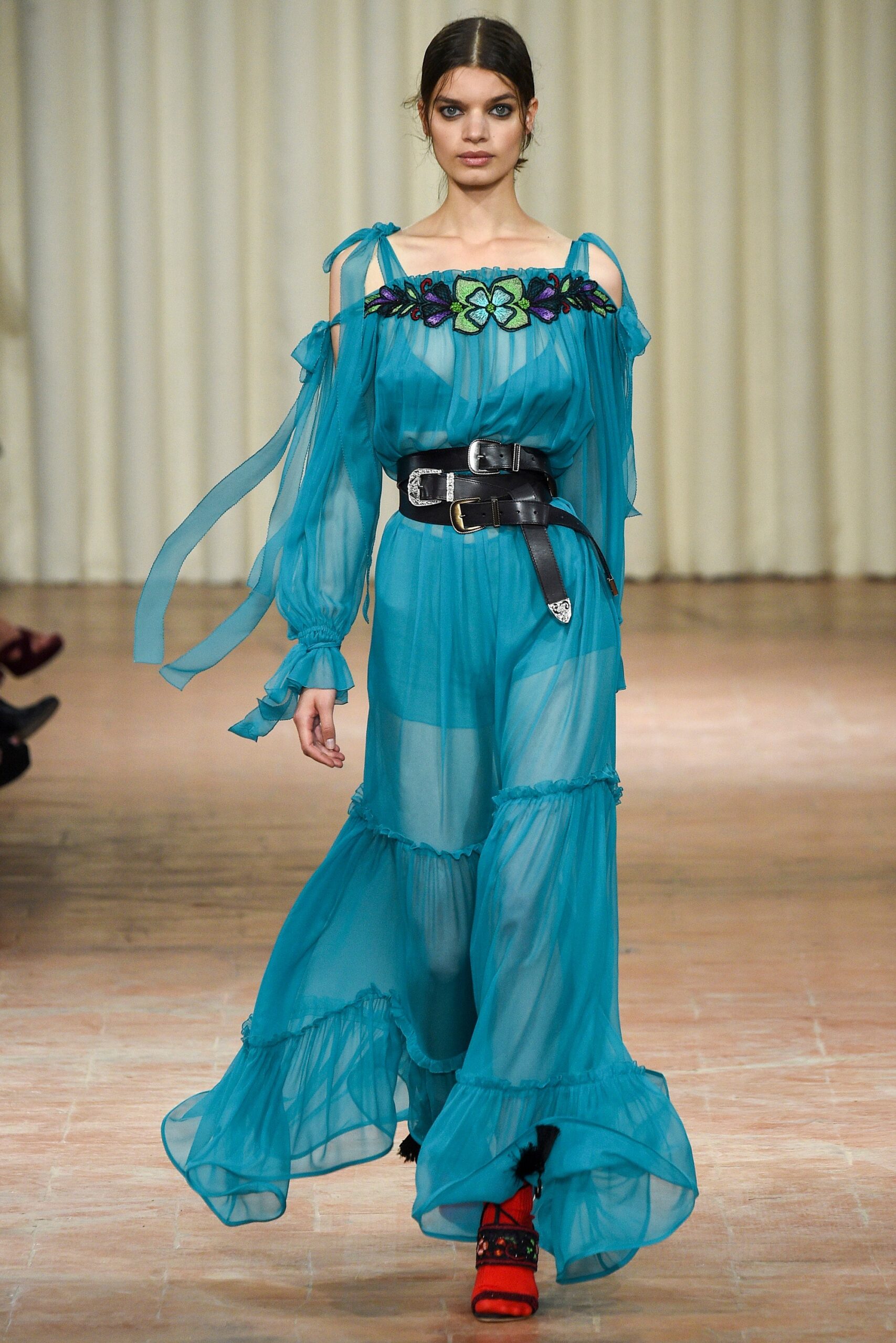 blue chiffon off-shoulder dress