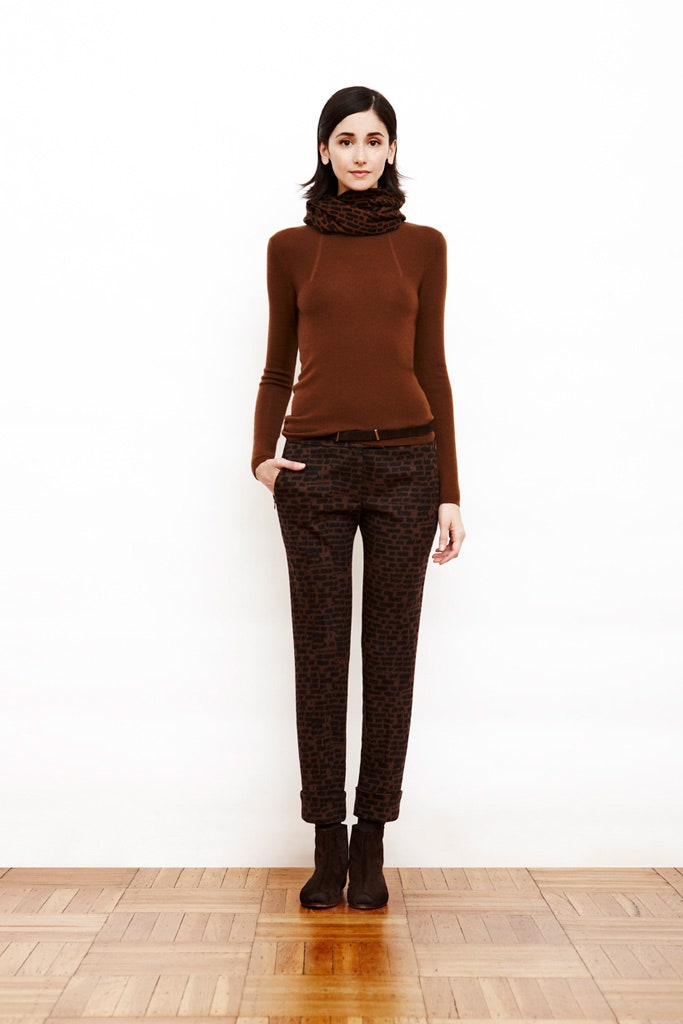 brown fitted top and slim pants