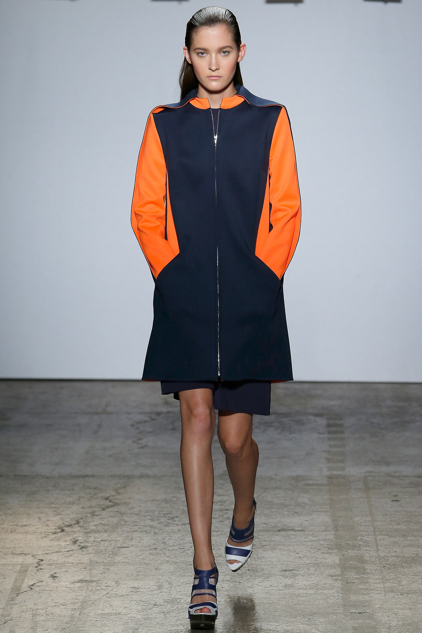 navy and orange fitted coat