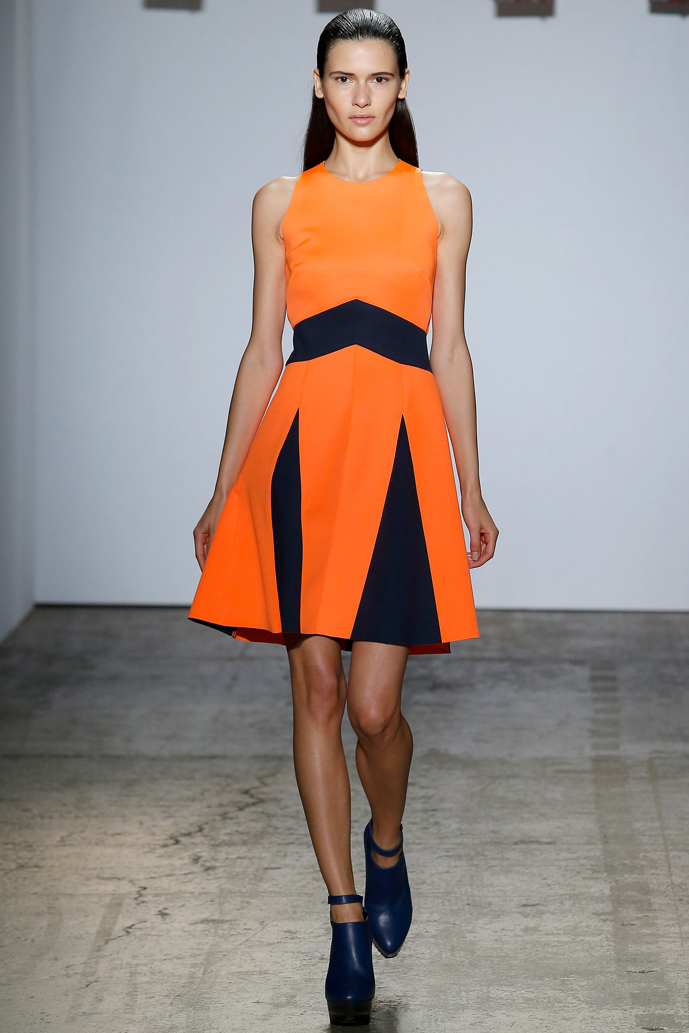 color-blocked orange and blue dress