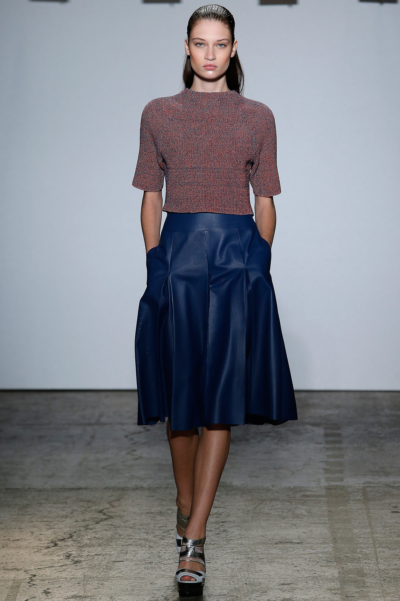 red blue fitted top with pleated skirt