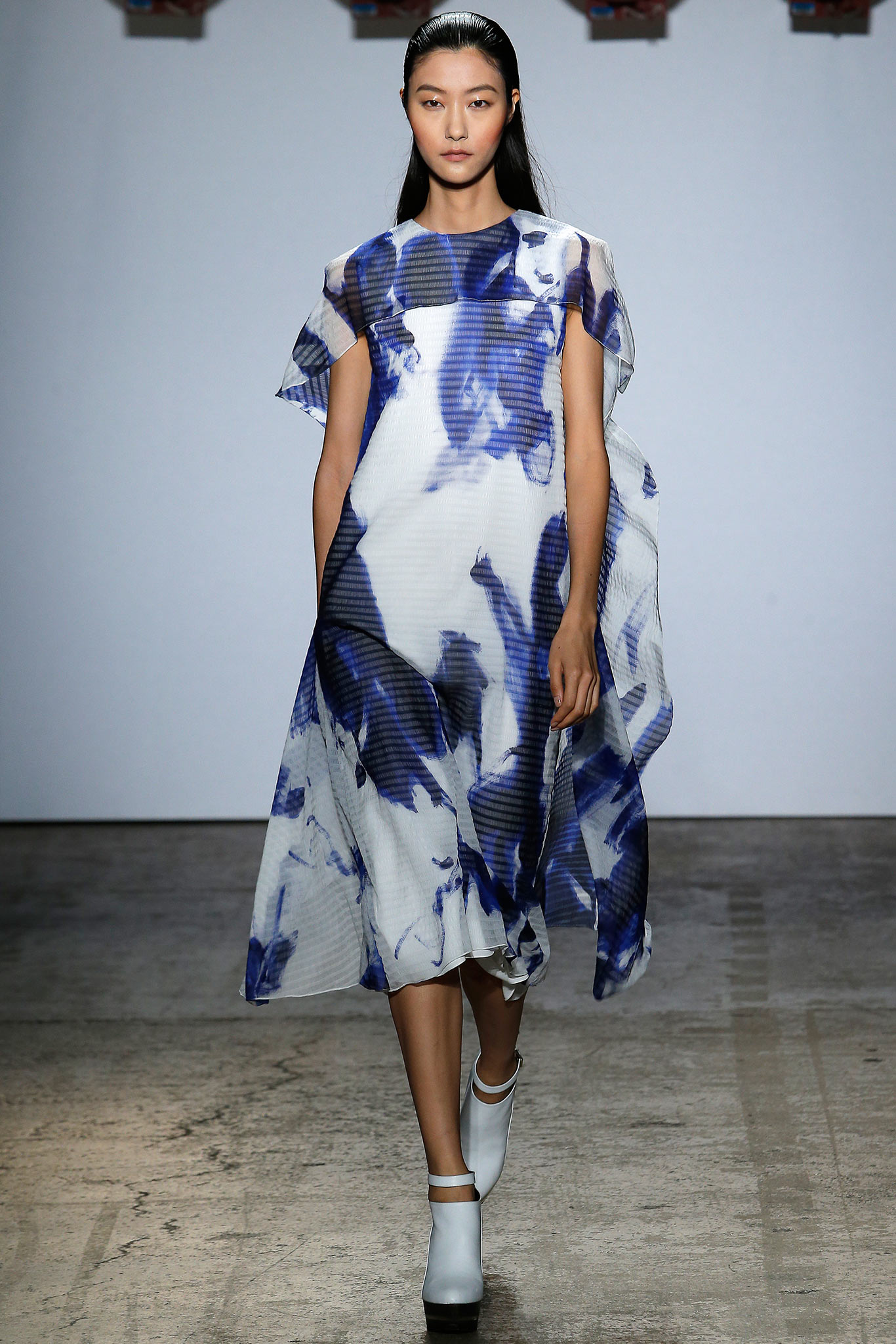 blue and white draped midi dress