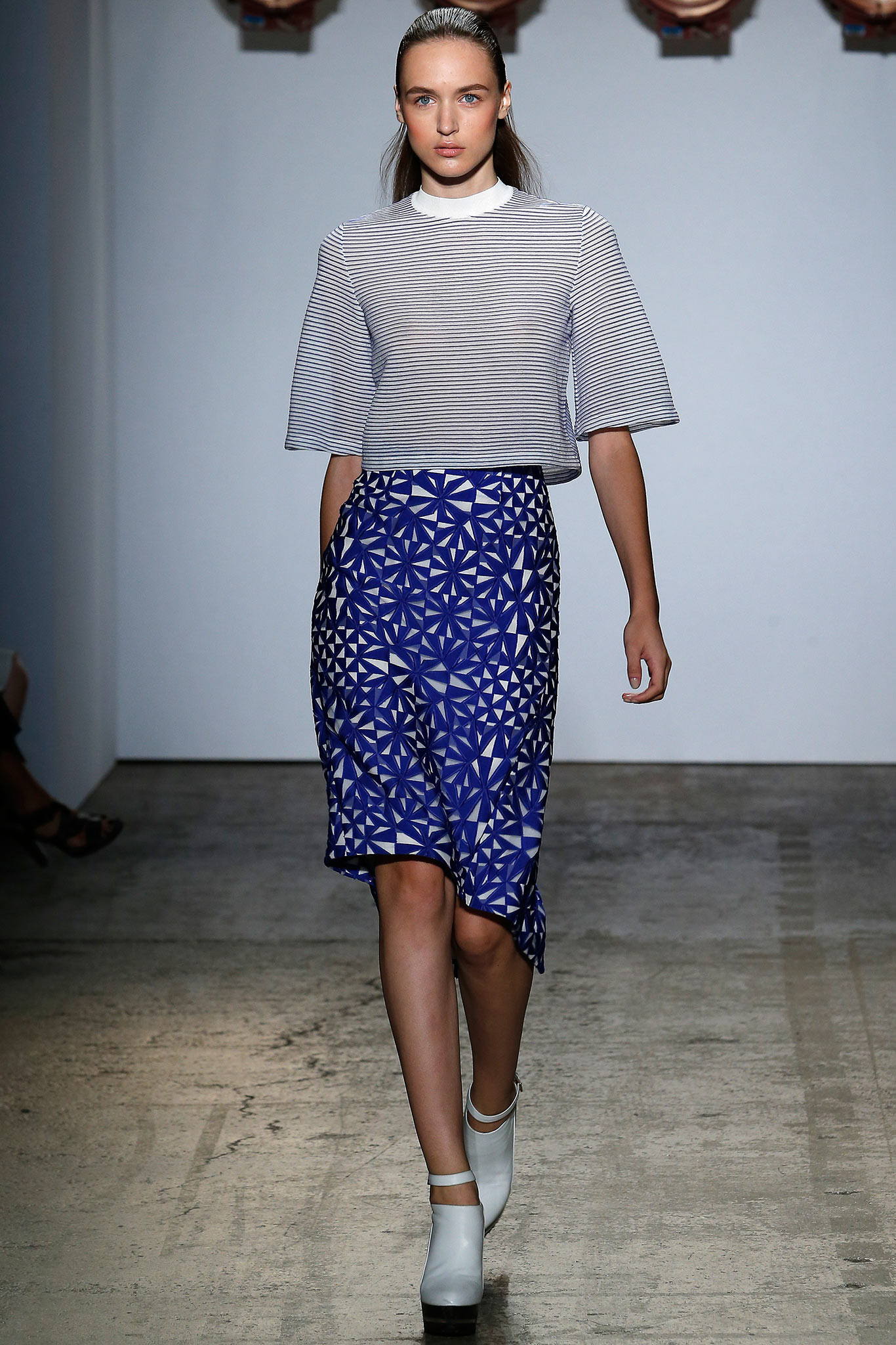 white striped top blue printed skirt