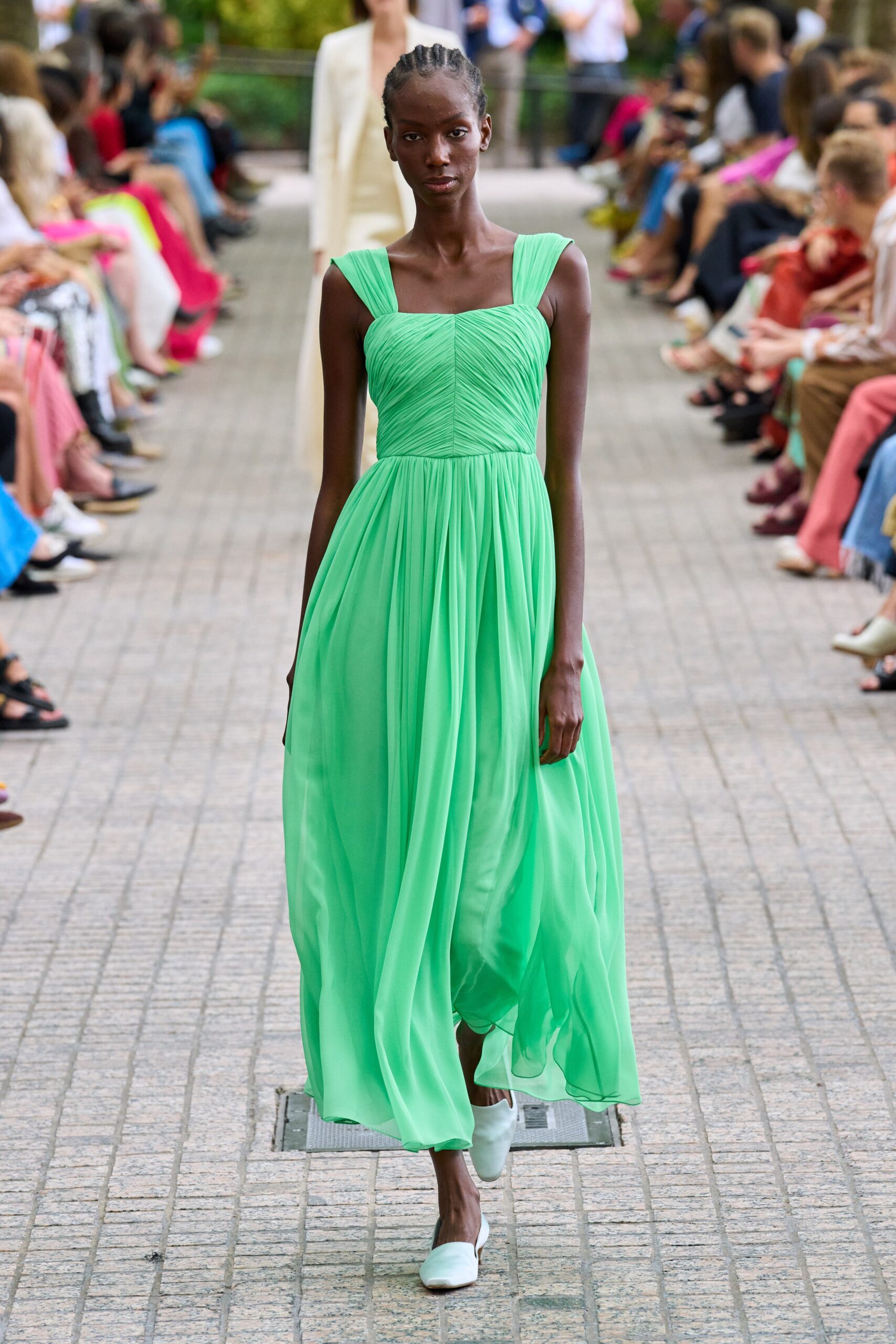 green pleated maxi dress