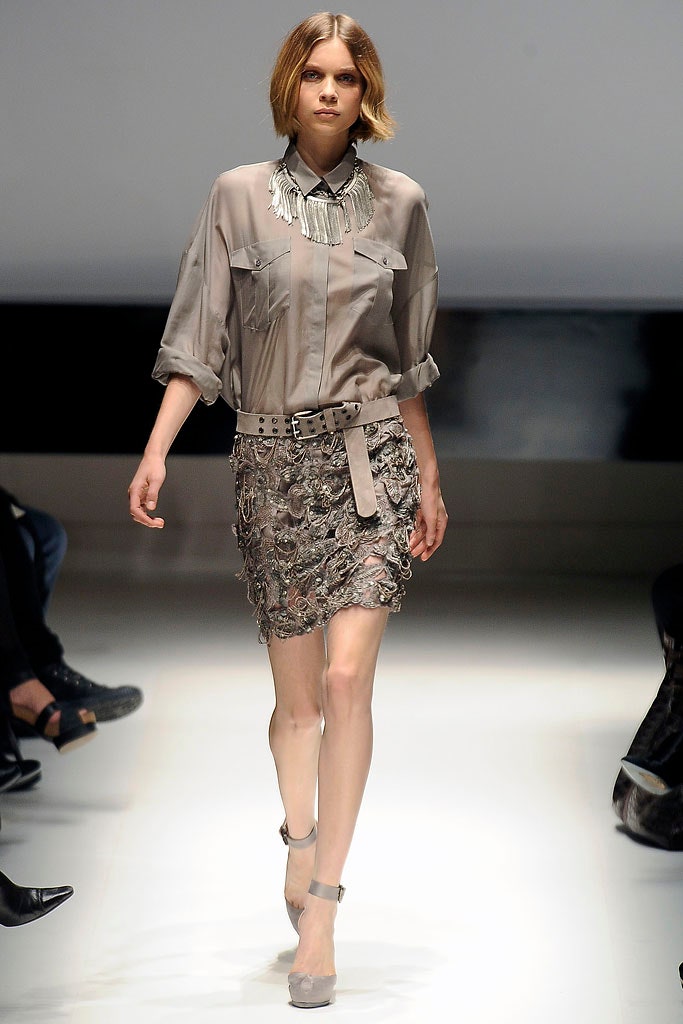 gray silk shirt with beige lace skirt