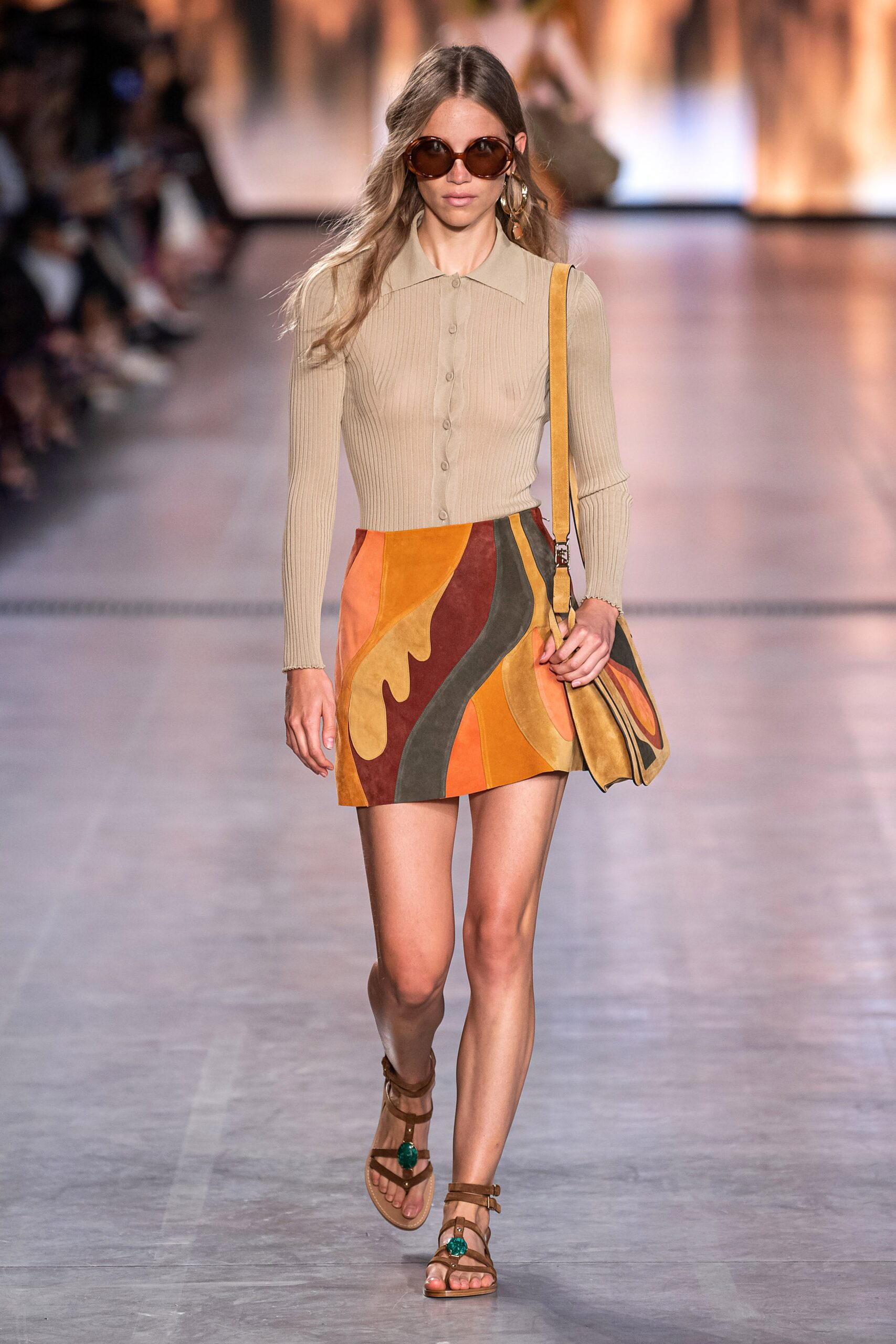 beige fitted top with flared skirt