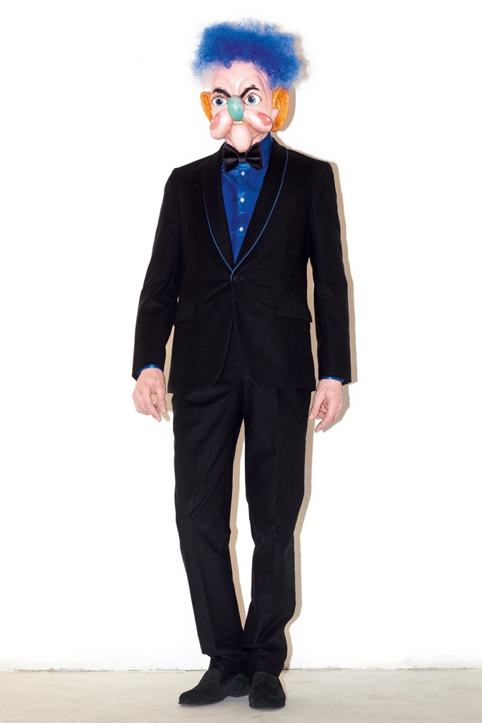 black velvet tailored suit with blue shirt