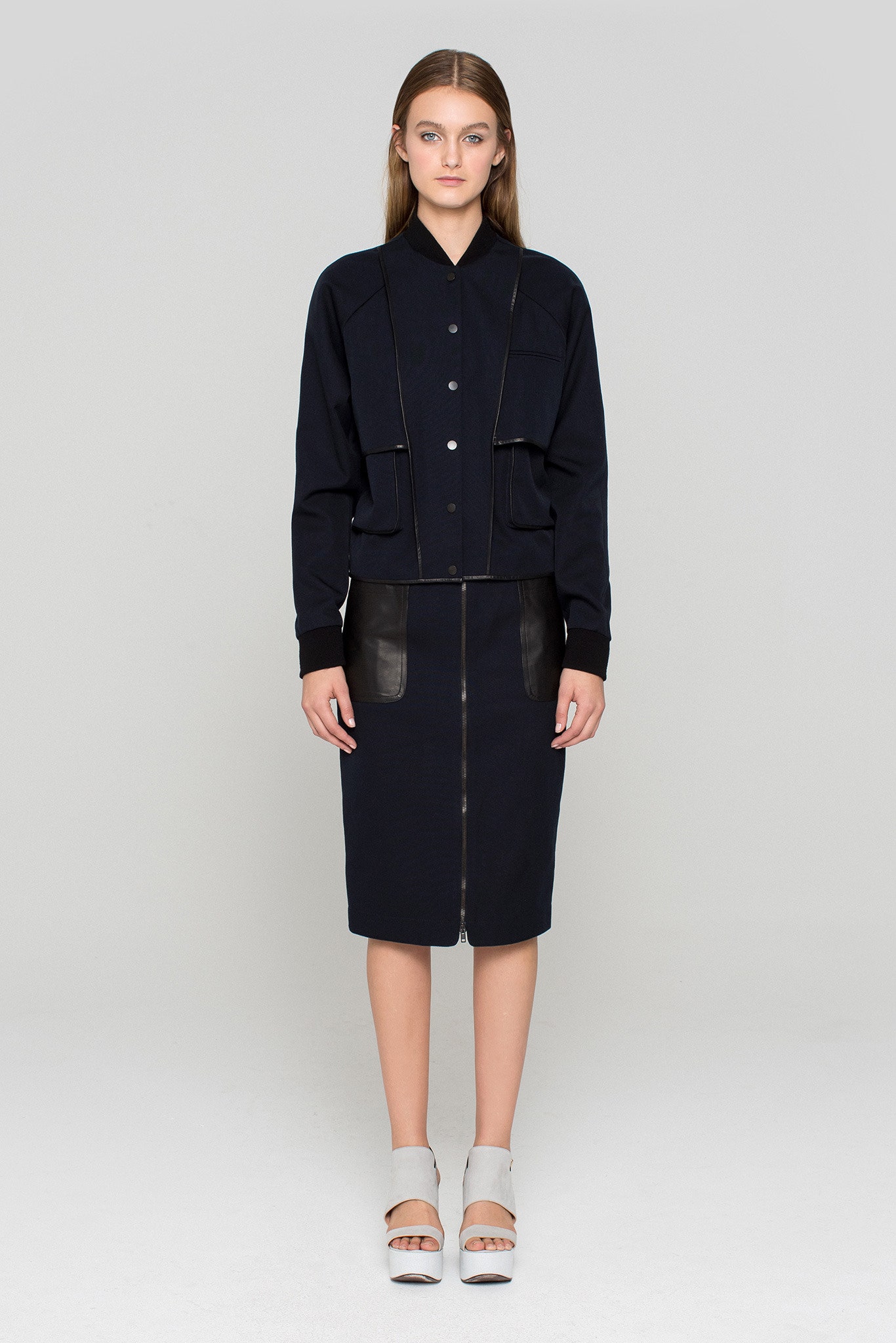 black cotton long-sleeve collared fitted zippered pockets jacket