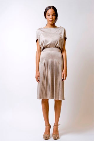 beige silk pleated dress