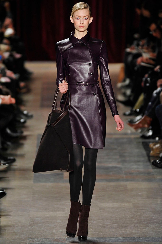 purple leather long-sleeve collared fitted zippered pencil dress