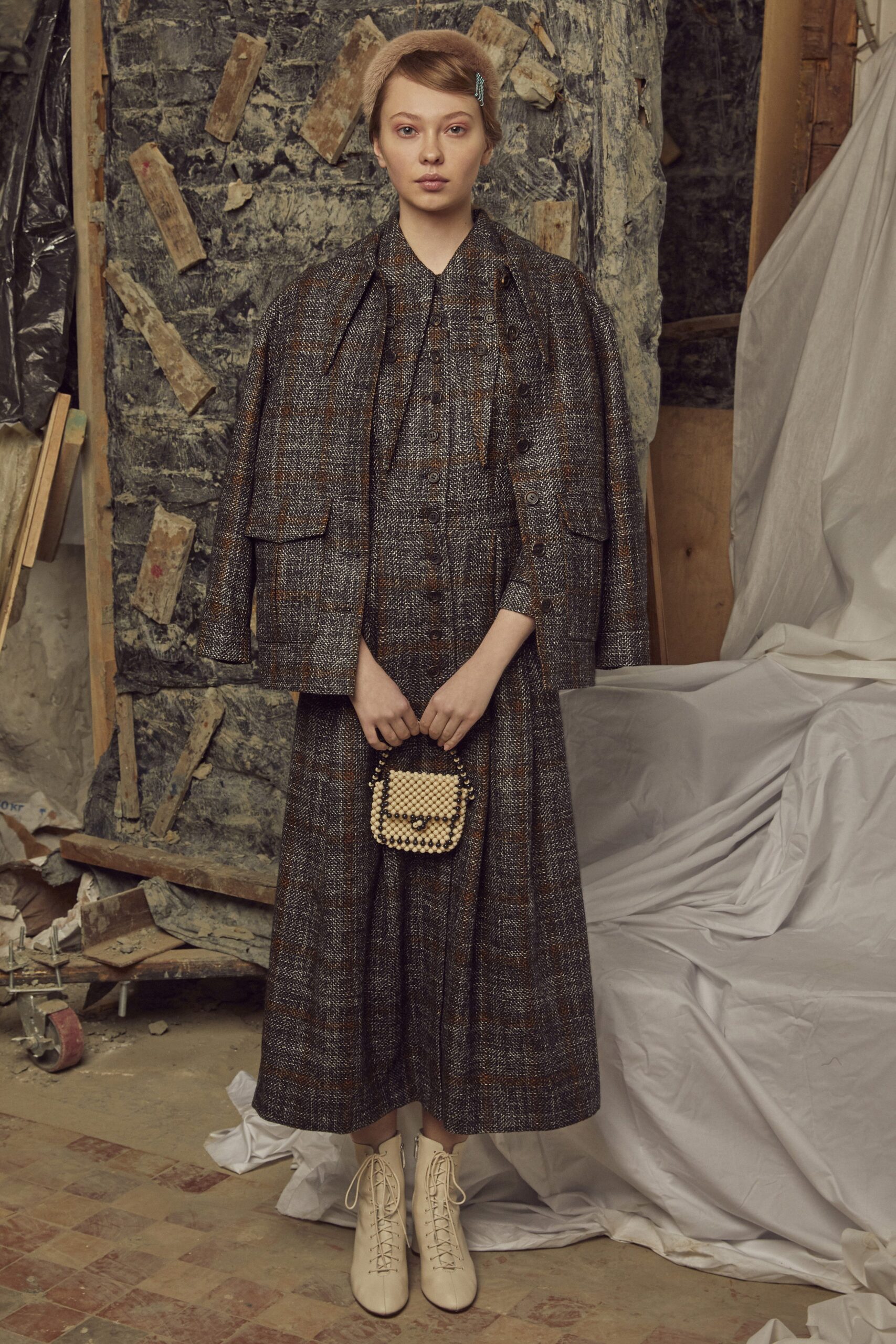 brown tweed midi dress with cape