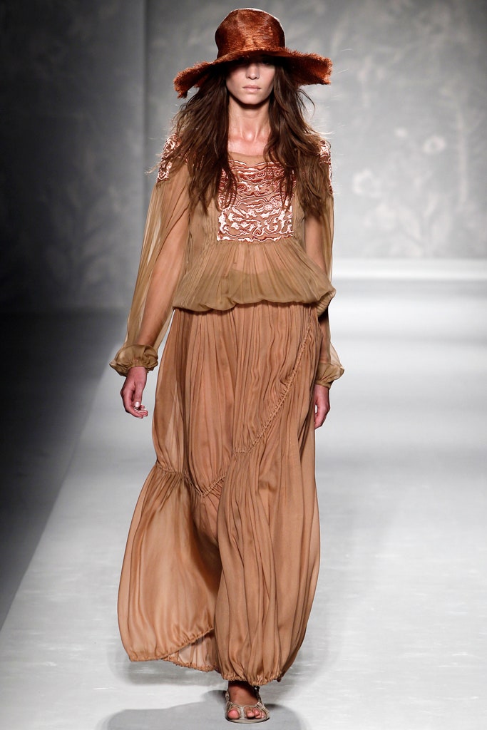 brown silk long-sleeve v-neck relaxed pleated embroidered dress