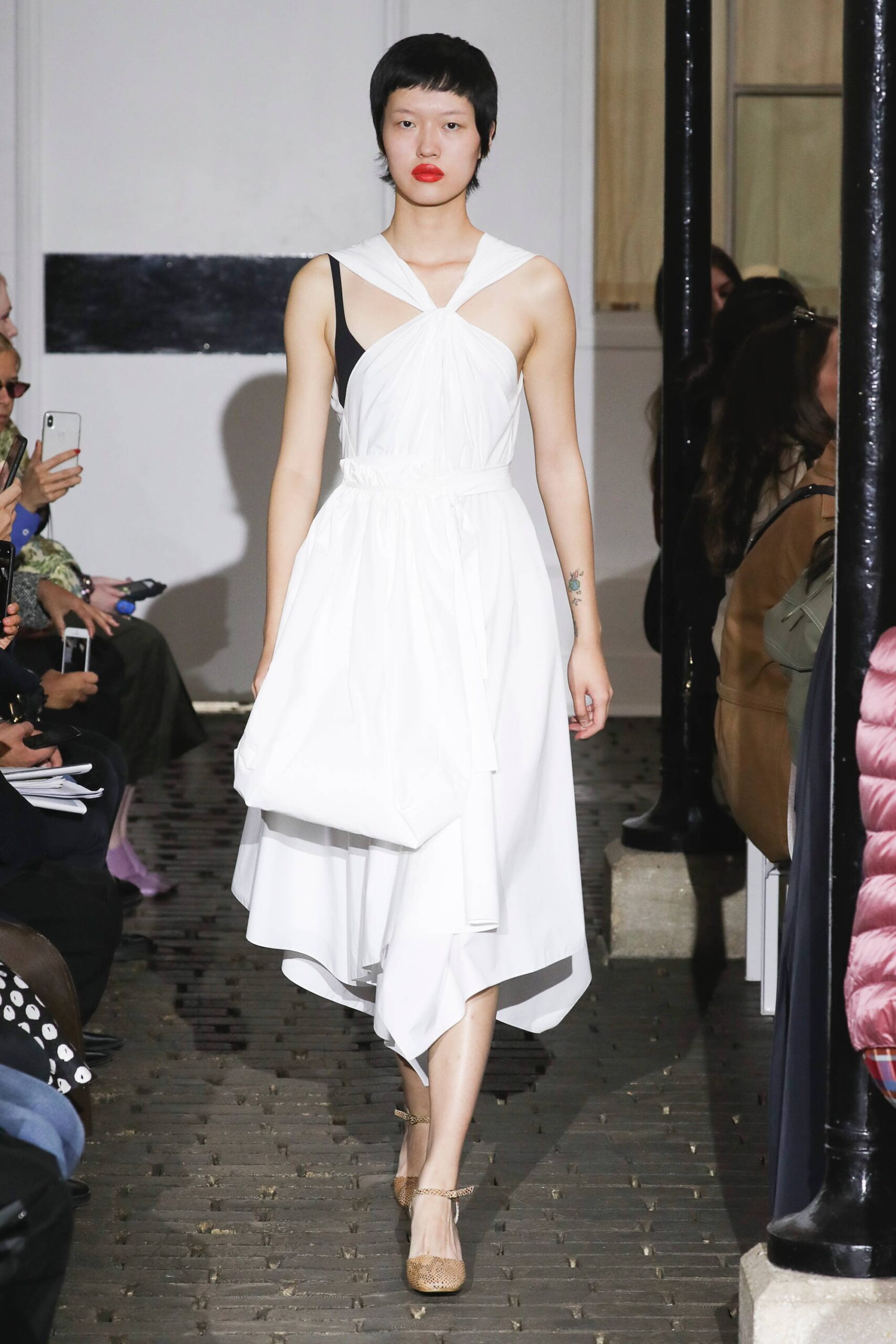 white draped midi dress