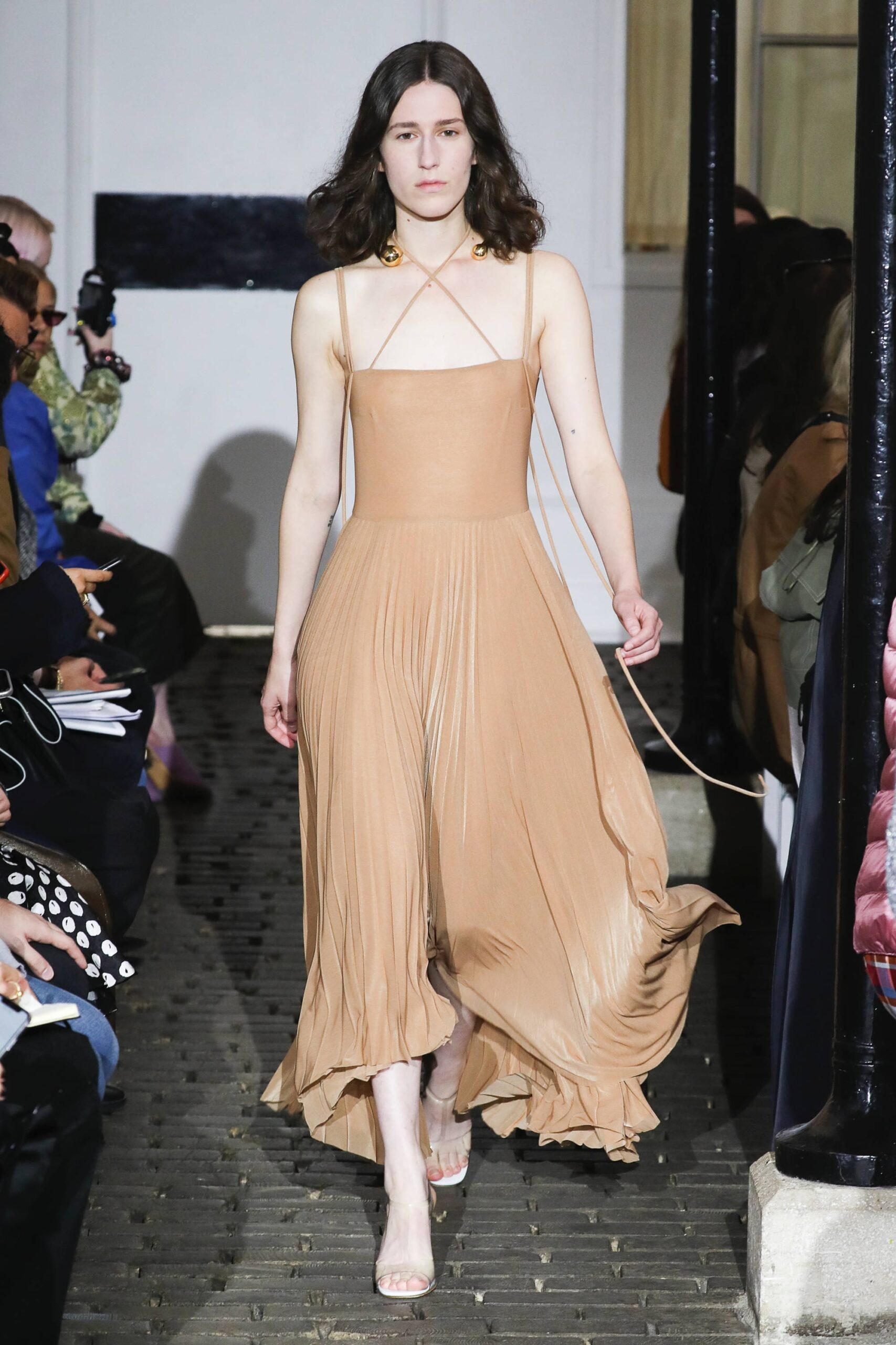 beige silk sleeveless dress