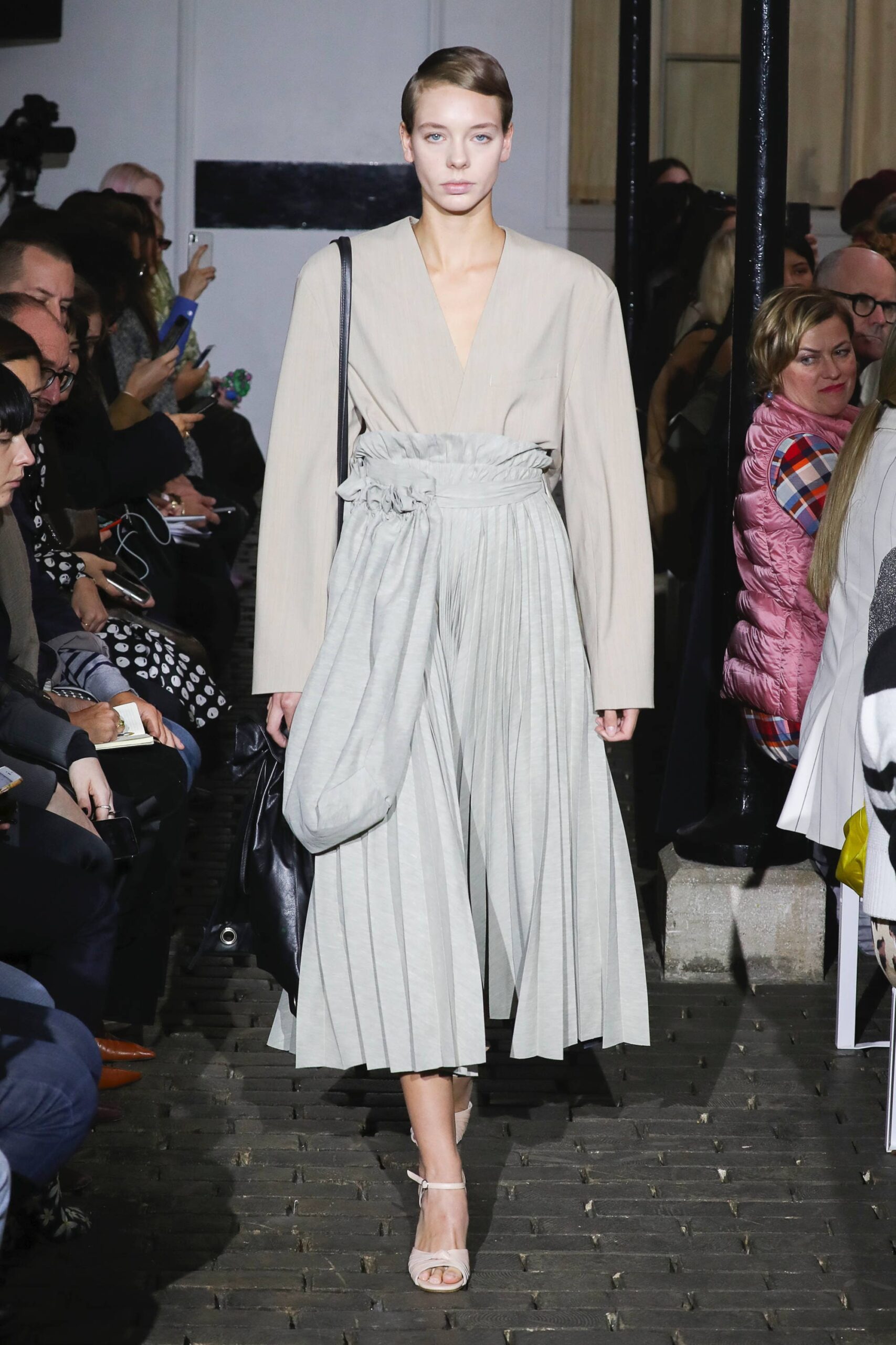 gray pleated midi dress