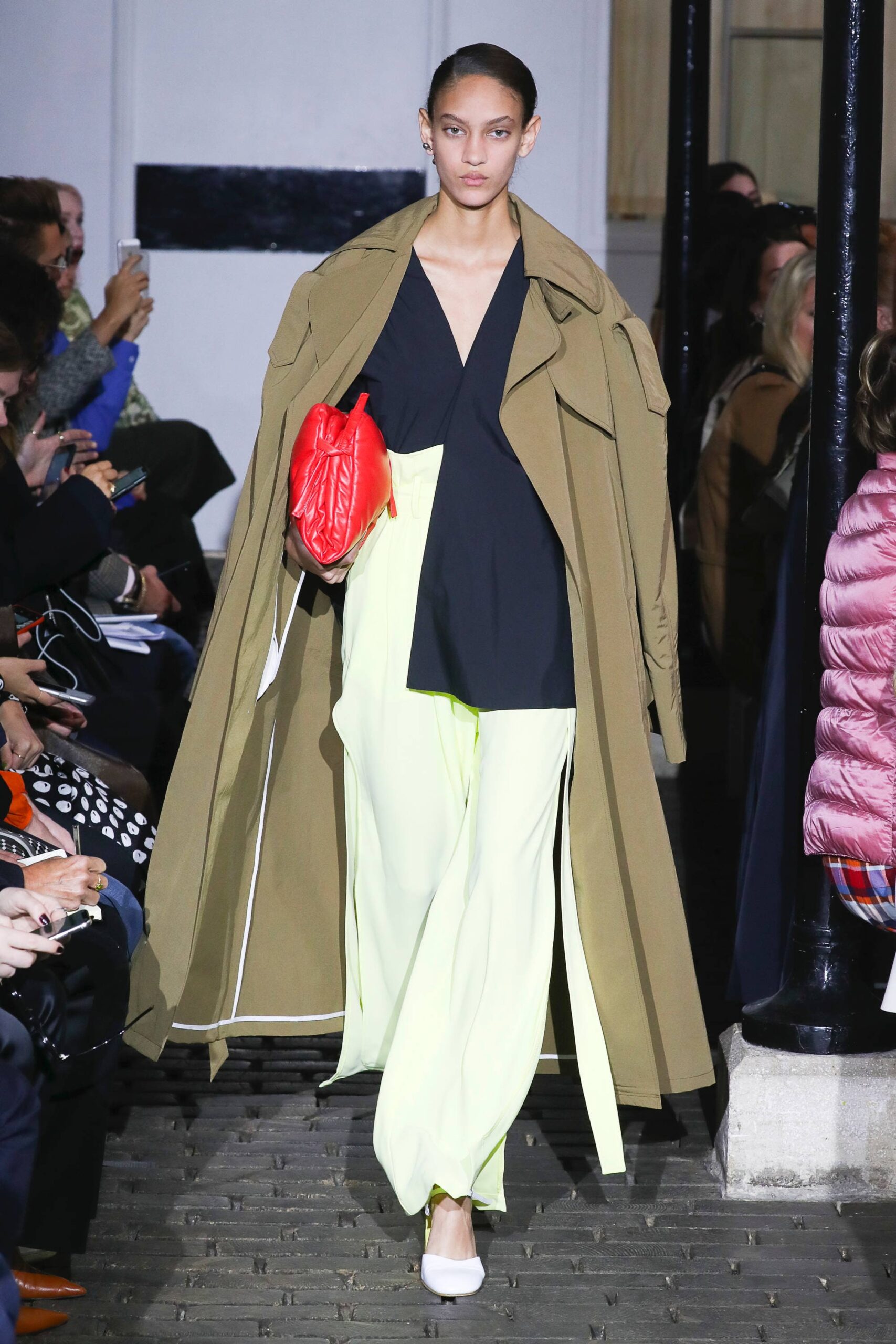 oversized brown coat with yellow pants