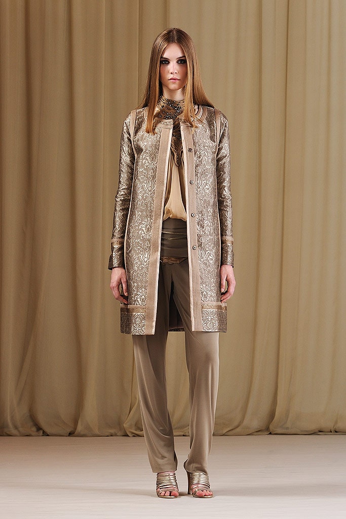 gold silk long-sleeve collared fitted embroidered buttoned coat