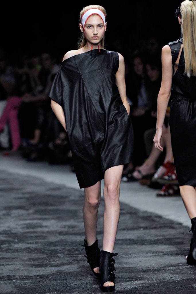 black leather off-shoulder mini dress