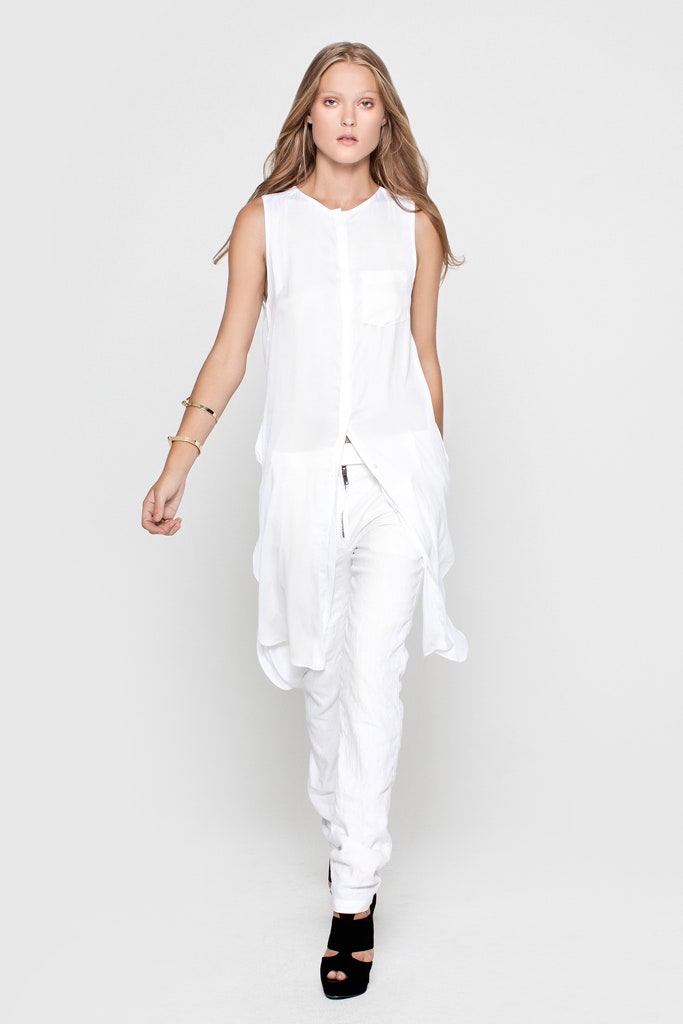 white cotton sleeveless collared relaxed layered flowing top