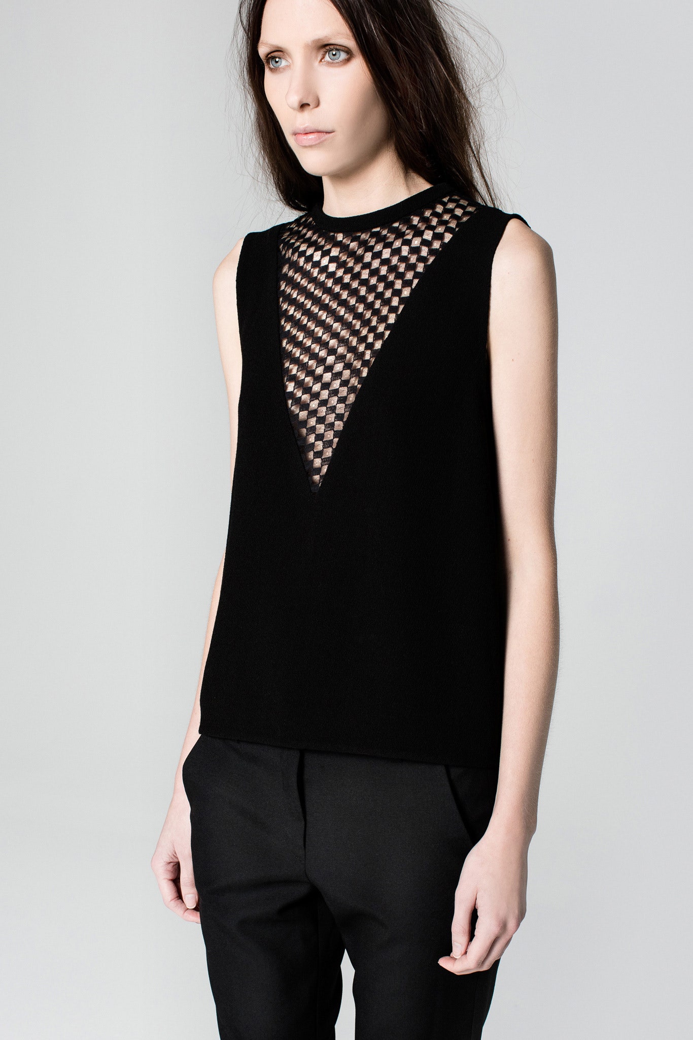 black cotton sleeveless v-neck fitted textured top