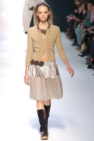 beige wool cardigan and silver skirt