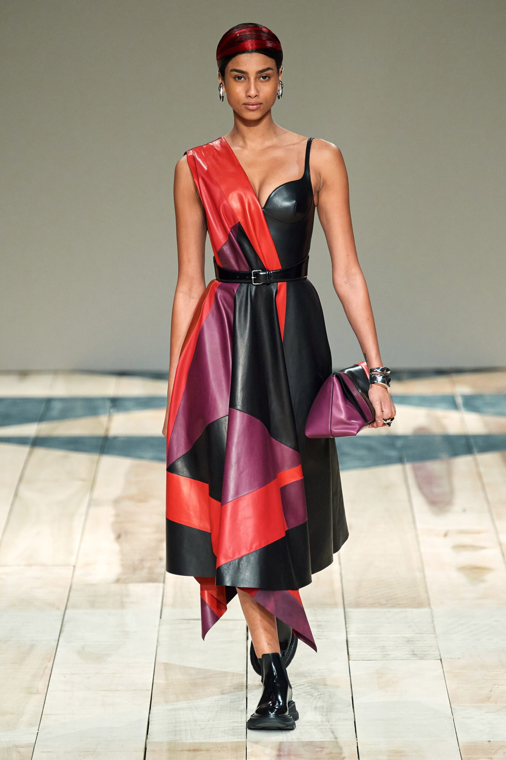 asymmetric black red purple leather dress