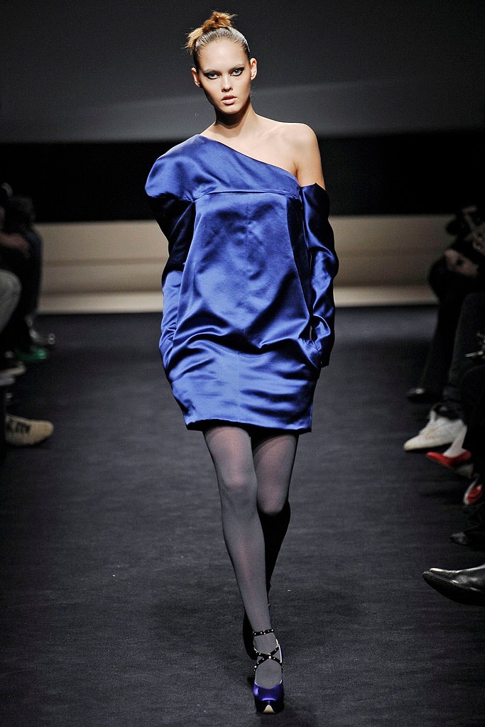 blue silk off-shoulder dress