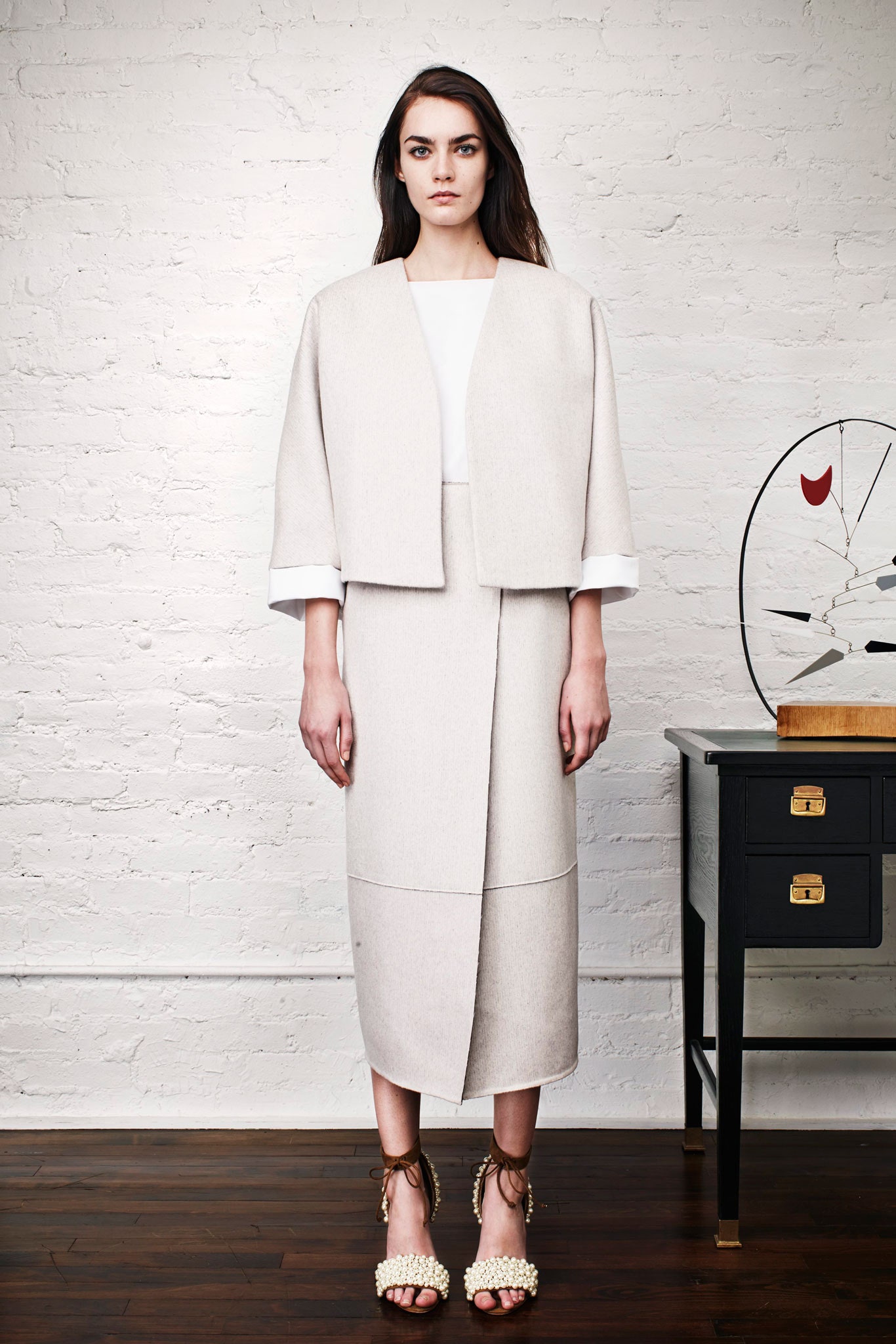 beige wool long-sleeve collared relaxed layered midi coat