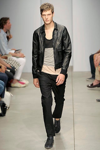 black leather jacket gray tank-top black pants