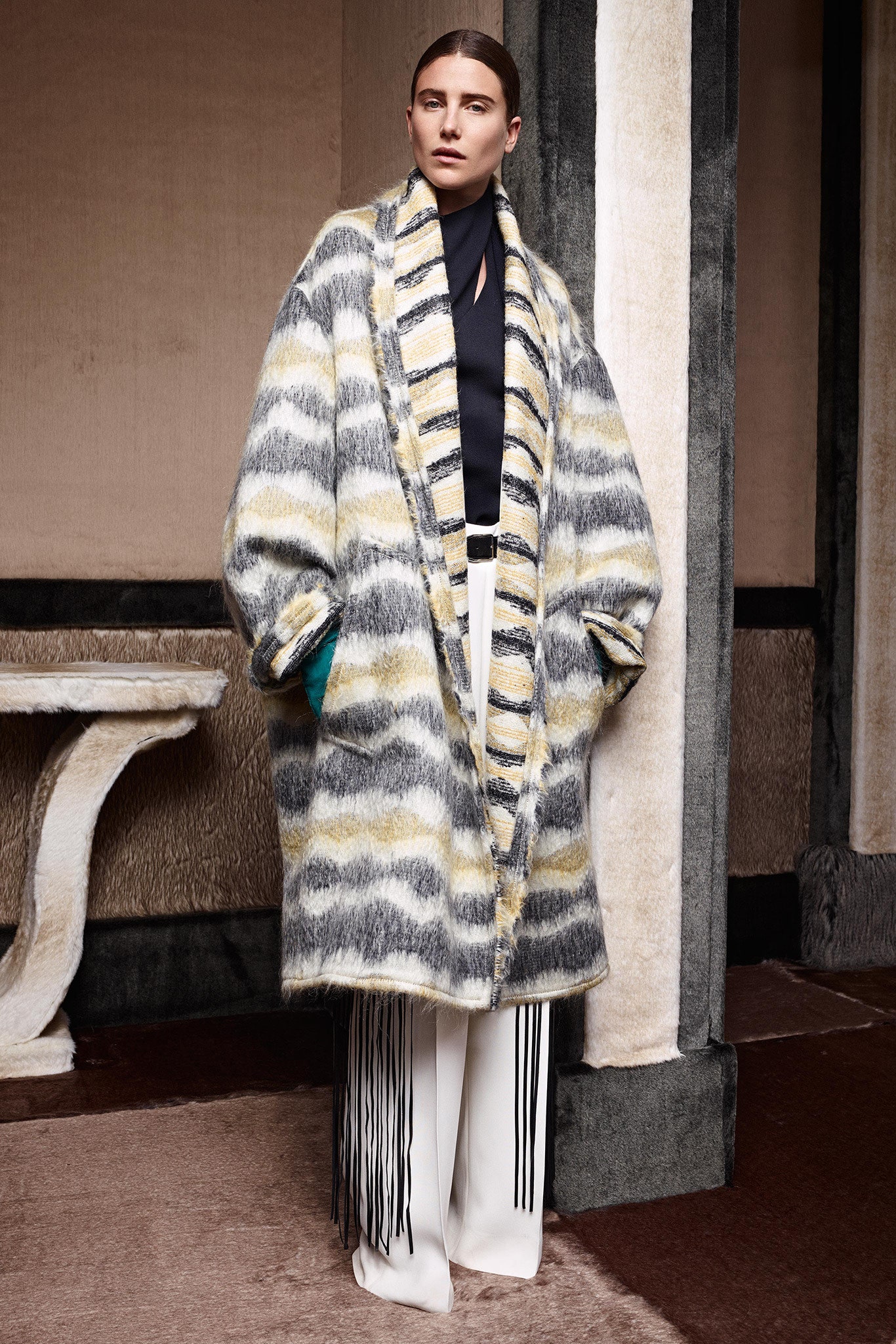 oversized gray wool coat with black top