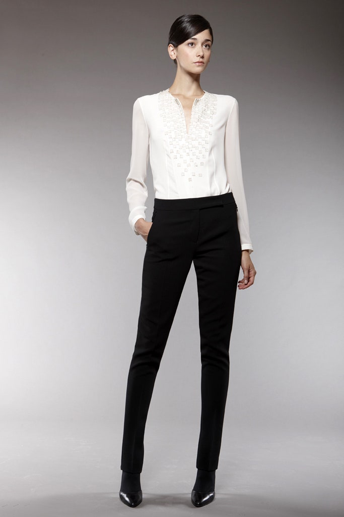white silk long-sleeve collared fitted embroidered blouse