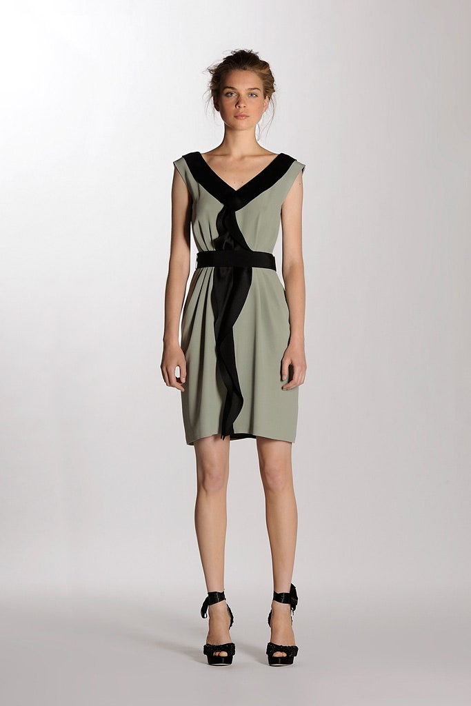 green silk sleeveless v-neck fitted belted draped dress