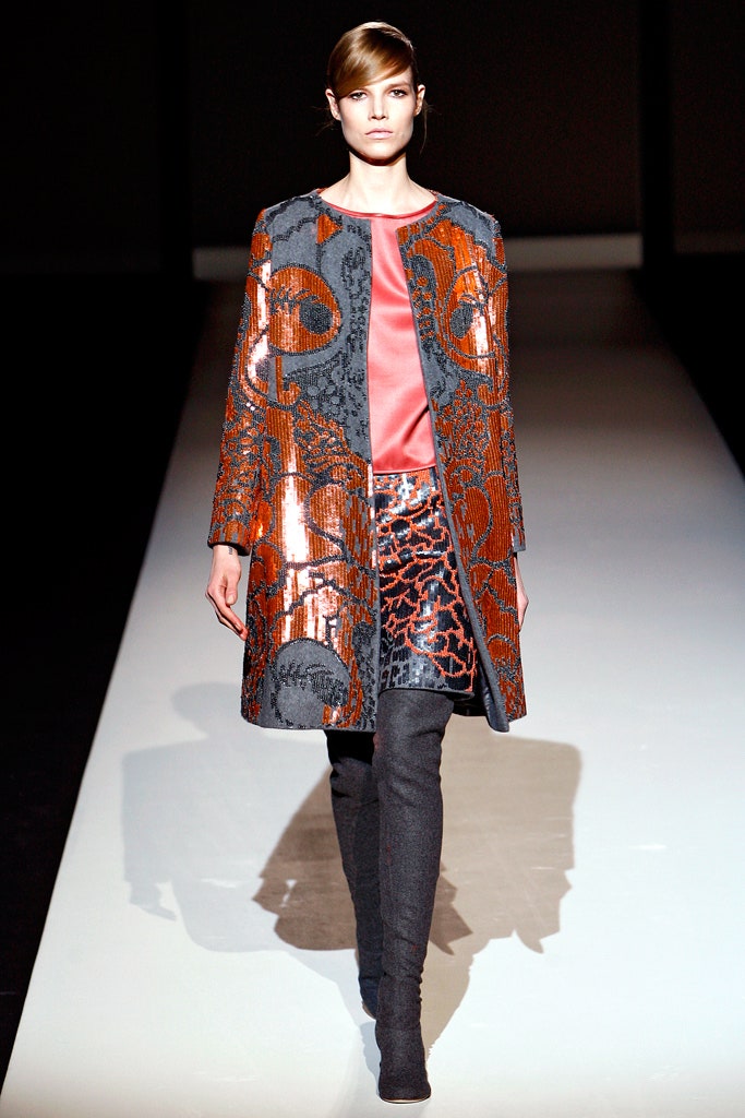 embroidered gray coat with layered skirt