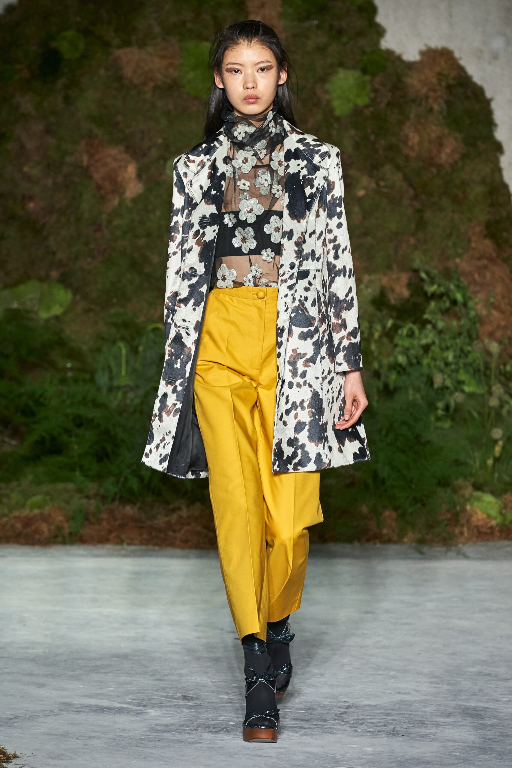 floral coat with yellow pants