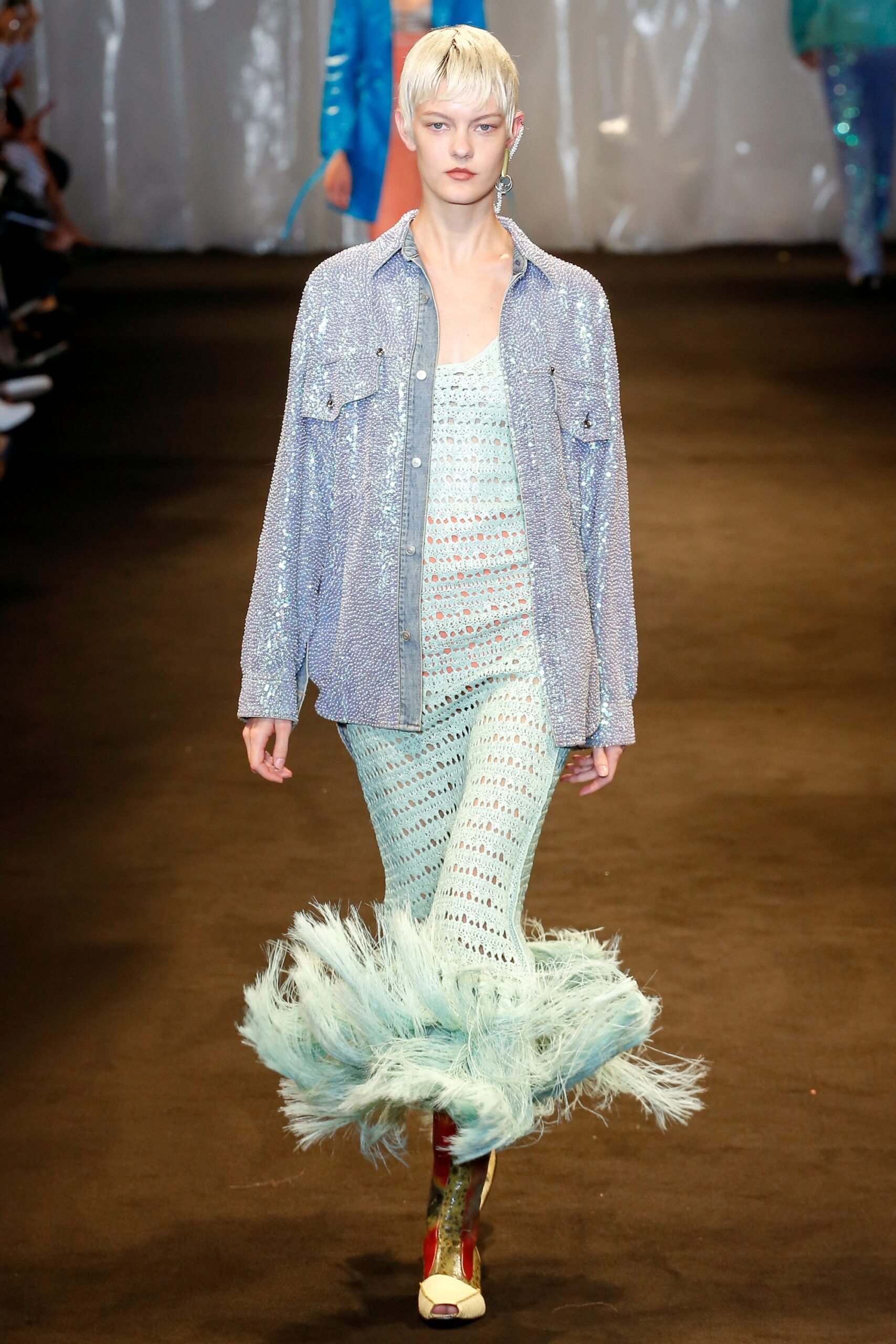 blue long-sleeve collared relaxed sequined buttoned shiny jacket
