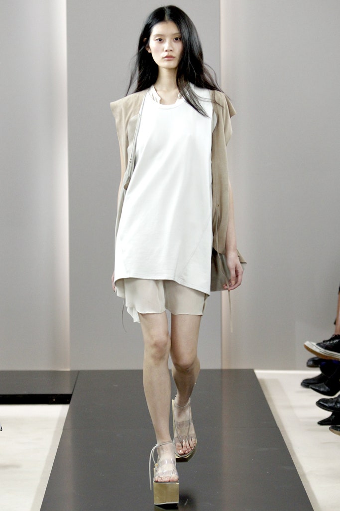 white silk relaxed dress with beige jacket