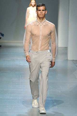 beige cotton long-sleeve collared fitted sheer shirt