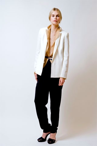 white tailored blazer with beige top